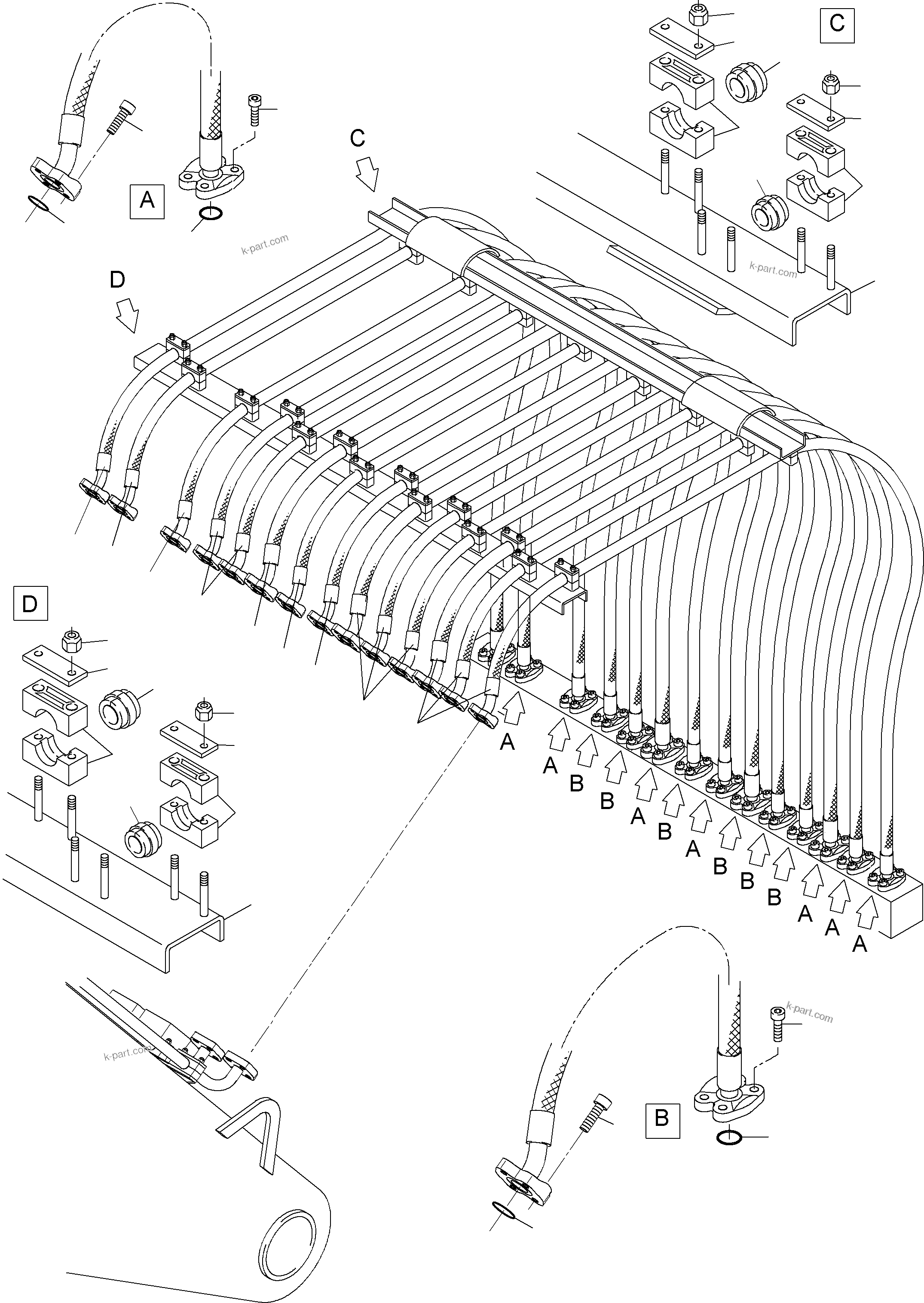 Komatsu parts book diagram for PC4000-6E S/N 08202: HOSES ASSY. - MANIFOLD- BOOM (BBE)
