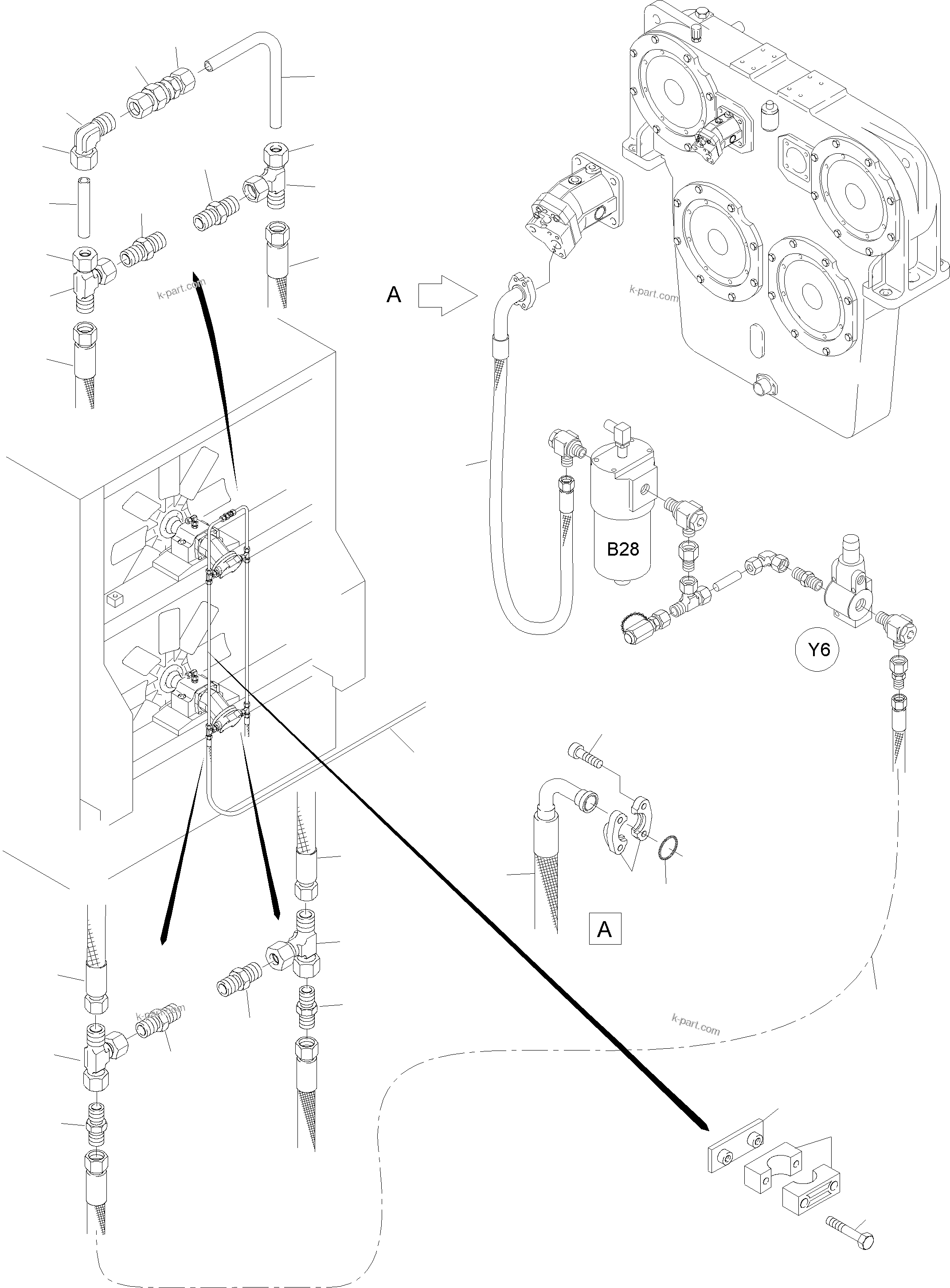 Komatsu parts book diagram for PC4000-6E S/N 08202: LINES - FAN MOTORS, FAN PUMP (OIL COOLER)