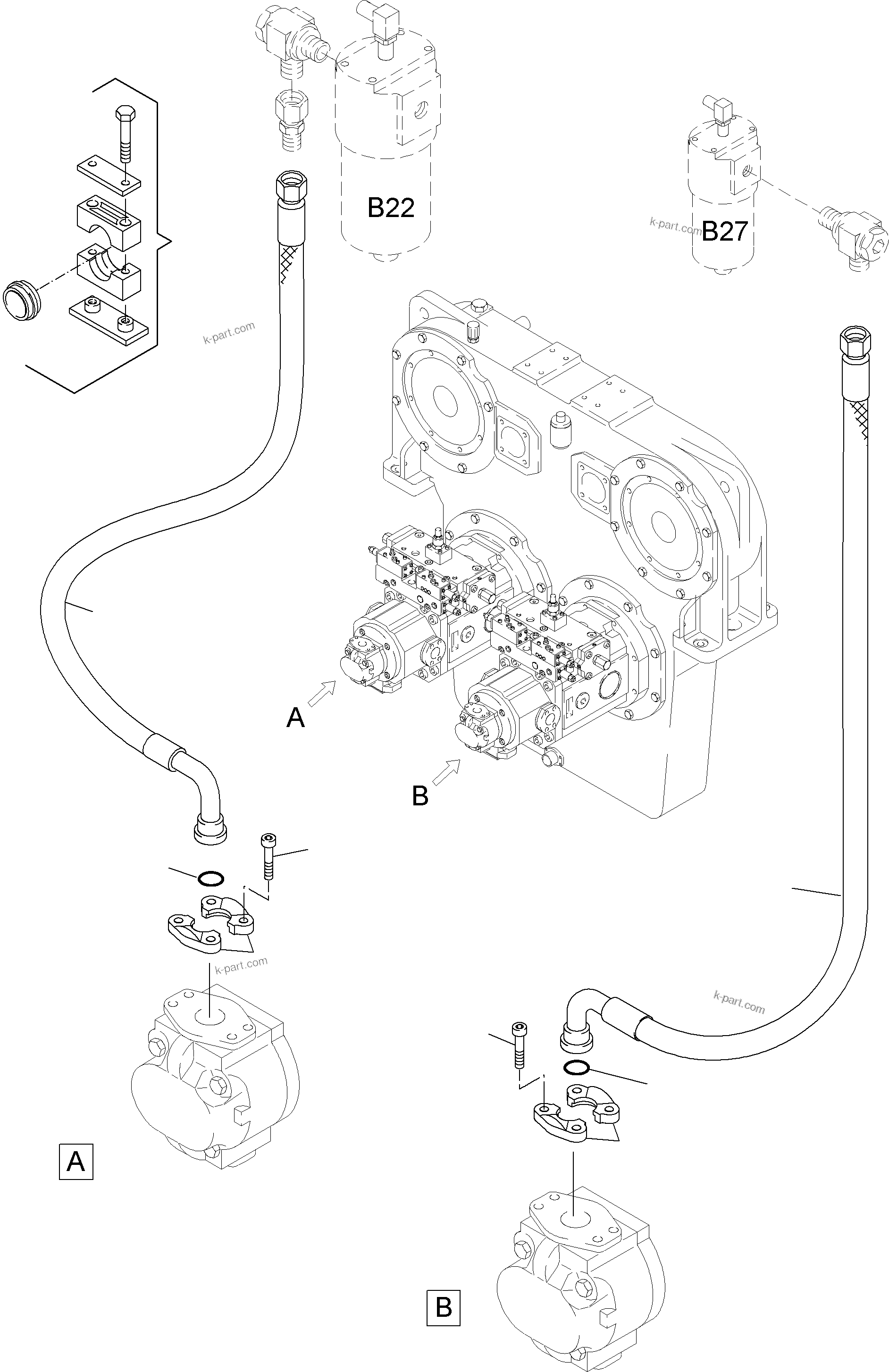 Komatsu parts book diagram for PC4000-6E S/N 08204: PRESSURE LINES - GEAR OIL AND PILOT OIL PUMP