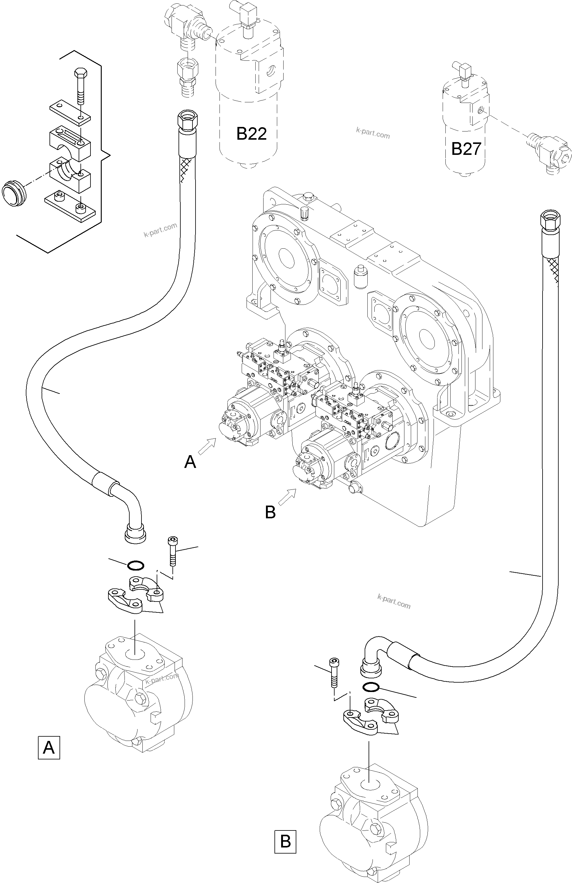 Komatsu parts book diagram for PC4000-6E S/N 08206: PRESSURE LINES - GEAR OIL AND PILOT OIL PUMP