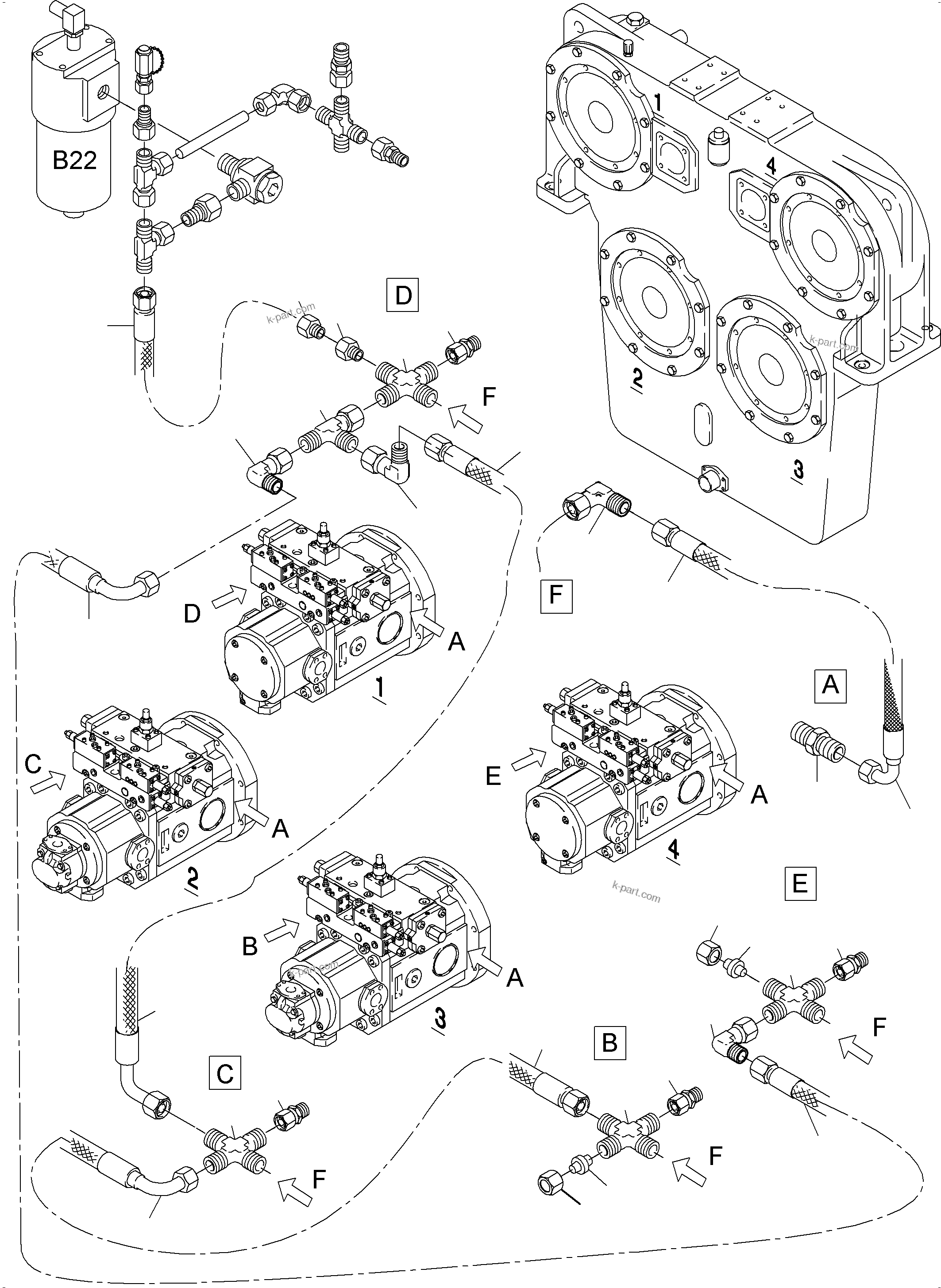 Komatsu parts book diagram for PC4000-6E S/N 08206: MAIN PUMPS CONTROL (P/U)
