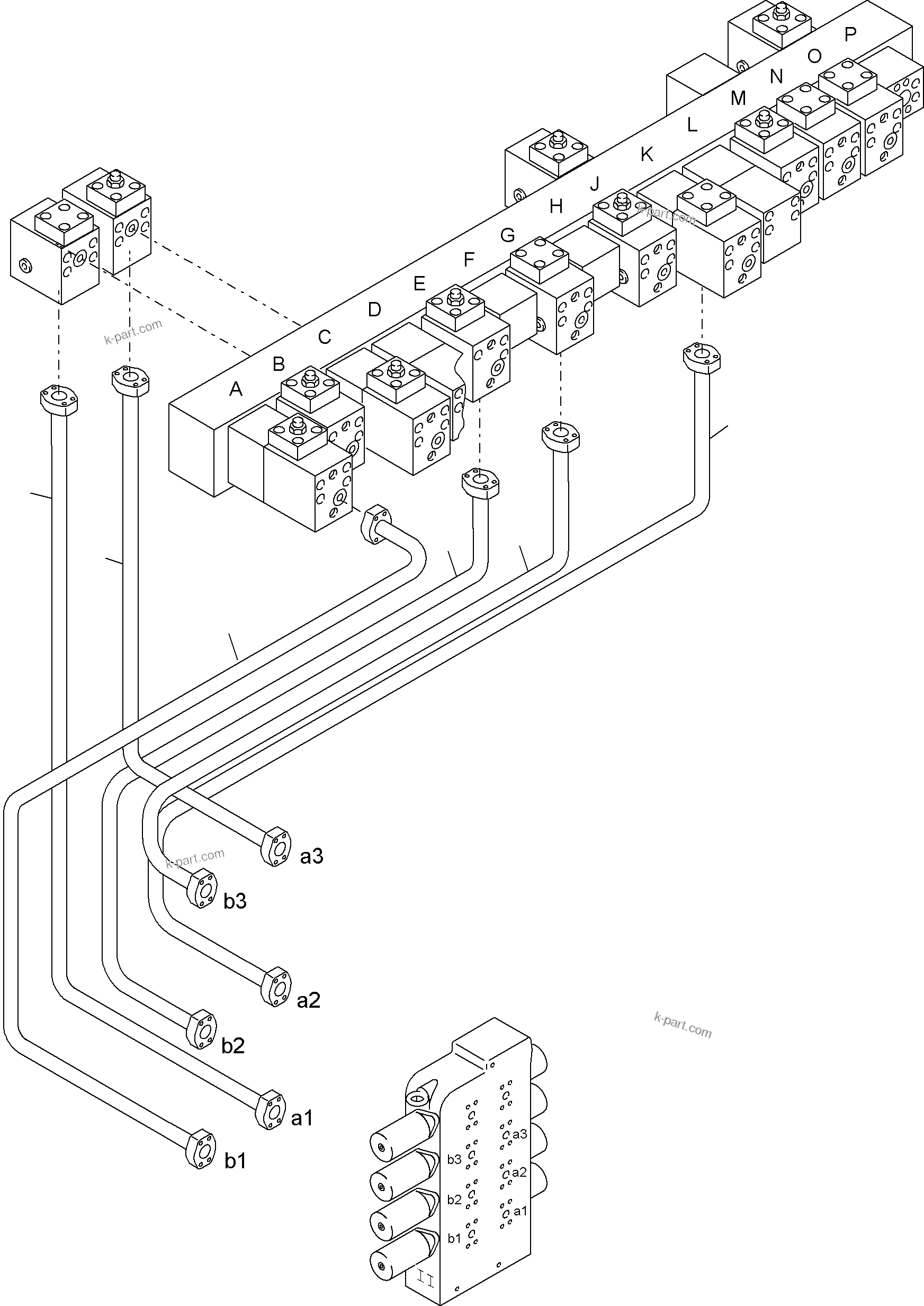 Komatsu parts book diagram for PC4000-6 S/N 08210: PRESSURE LINES CONTROL BLOCKS MAINFOLD