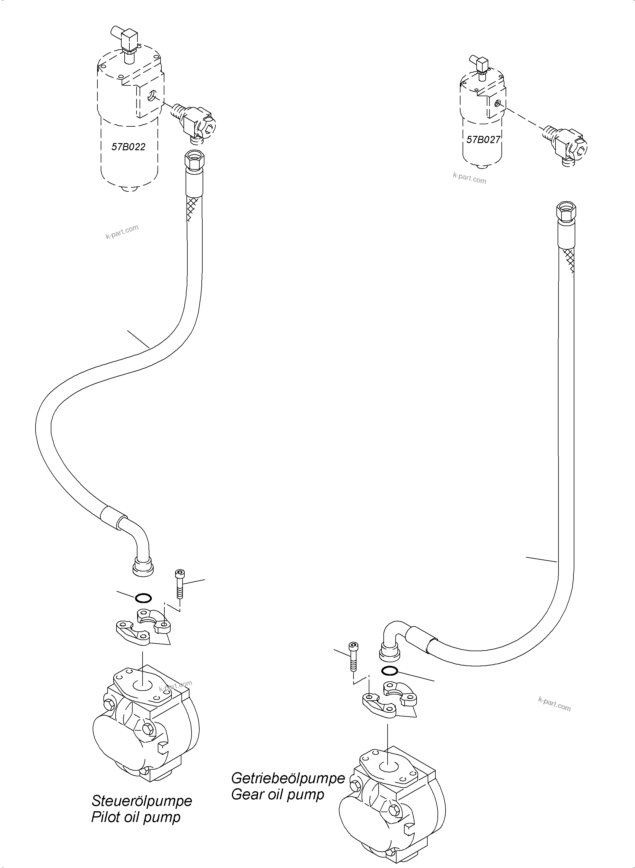 Komatsu parts book diagram for PC4000-6 S/N 08237: PRESSURE LINES - GEAR OIL AND PILOT OIL PUMP