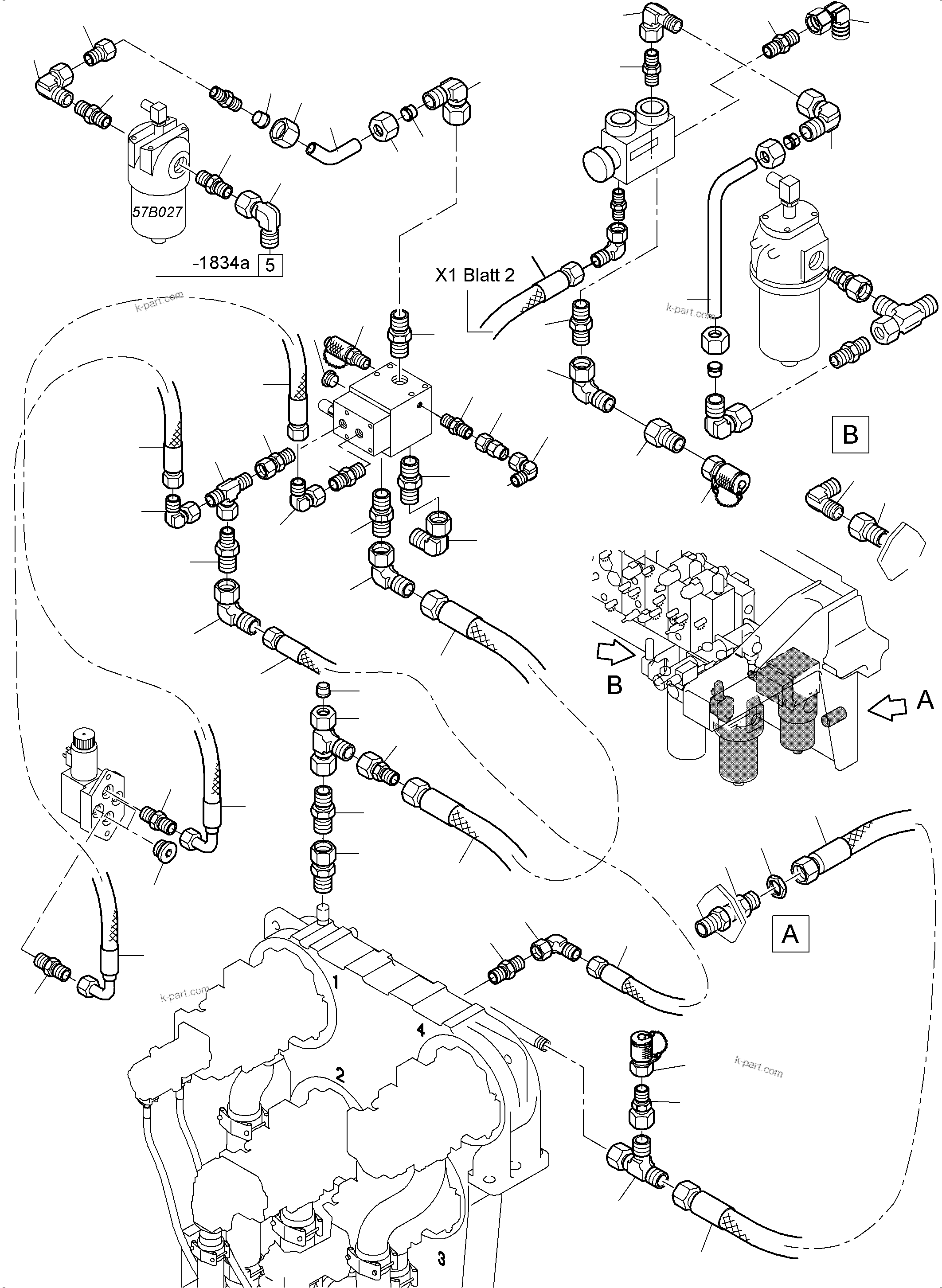 Komatsu parts book diagram for PC4000-6 S/N 08237: CONTROL- AND FILTER PLATE PIPING