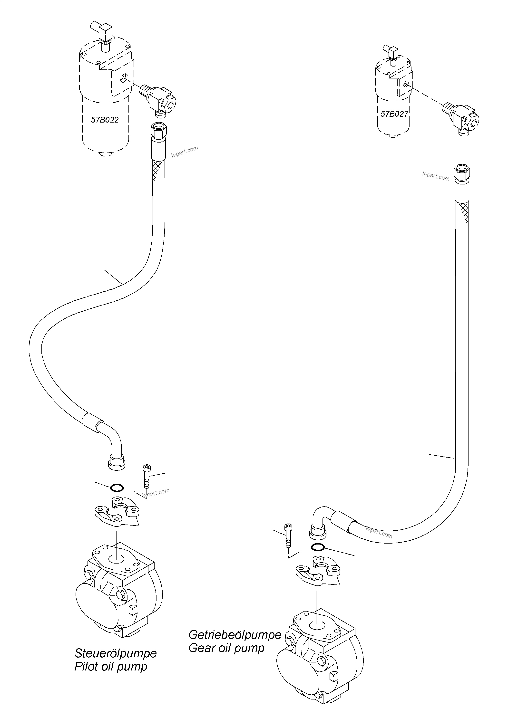 Komatsu parts book diagram for PC4000-6 S/N 08239: PRESSURE LINES - GEAR OIL AND PILOT OIL PUMP