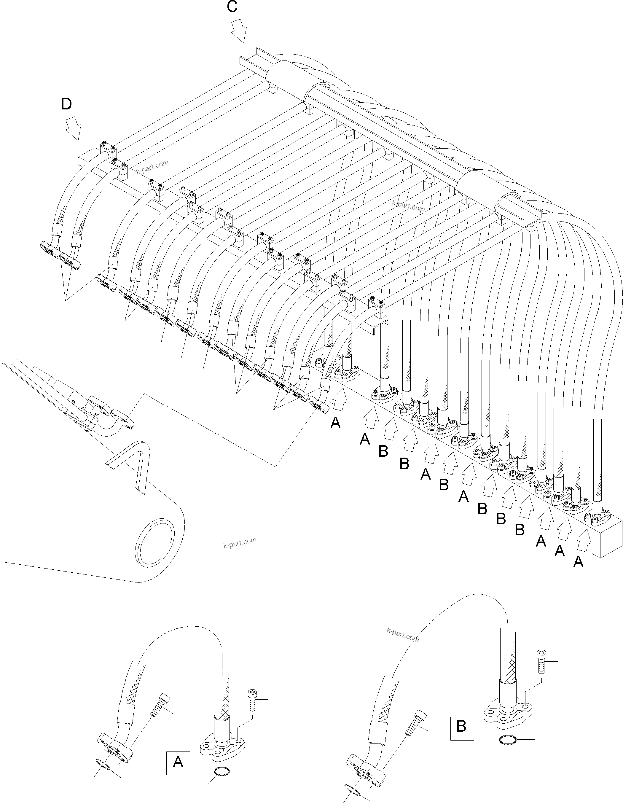 Komatsu parts book diagram for PC4000-6 S/N 08239: HOSES ASSY. - MANIFOLD- BOOM
