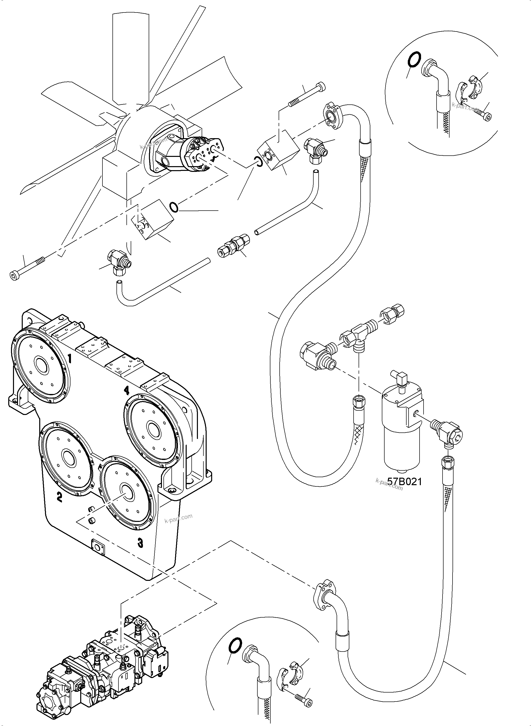 Komatsu parts book diagram for PC4000-6 S/N 08239: LINES - FAN MOTORS, FAN PUMP (RADIATOR)
