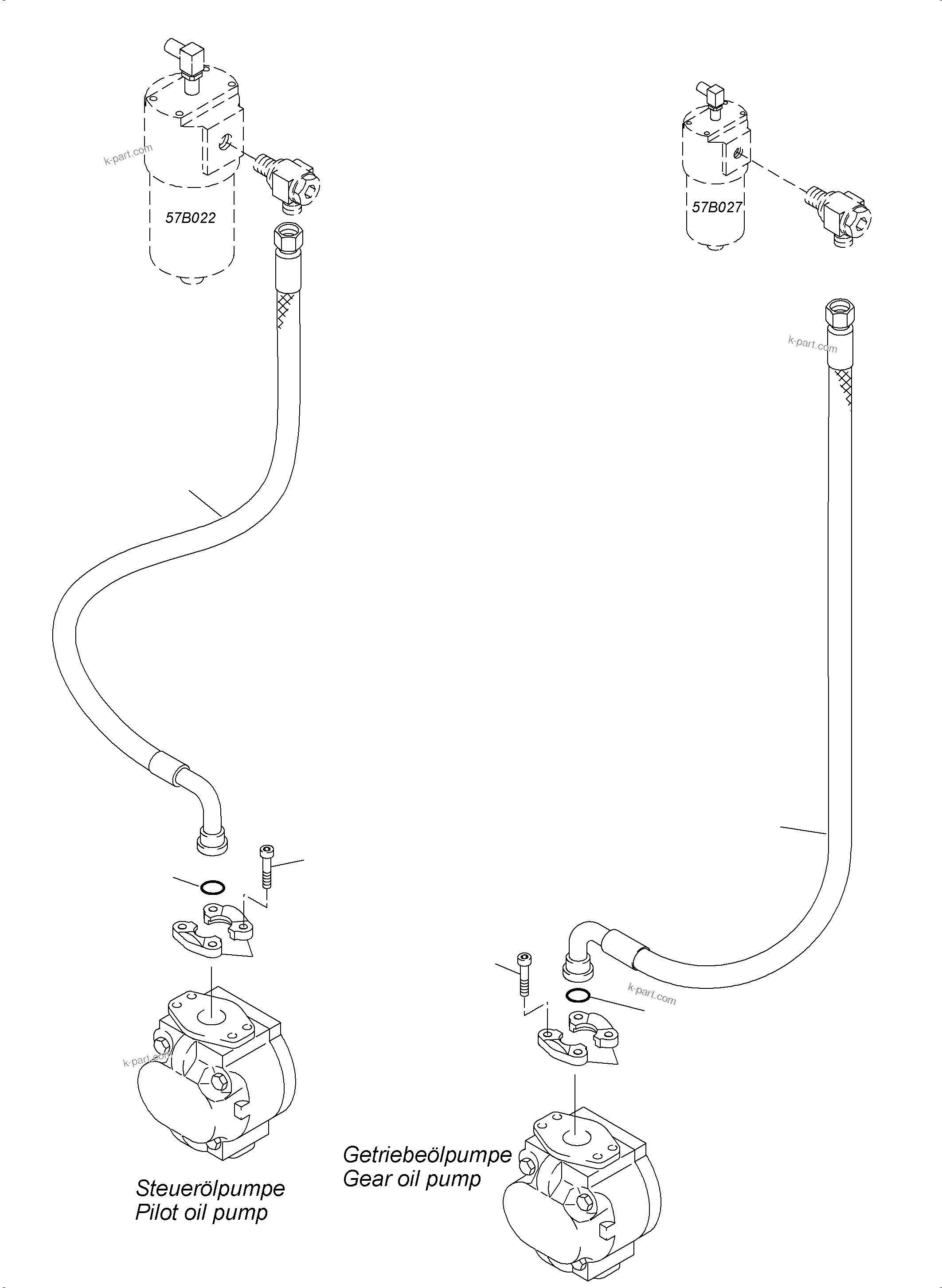 Komatsu parts book diagram for PC4000-6 S/N 08248: PRESSURE LINES - GEAR OIL AND PILOT OIL PUMP