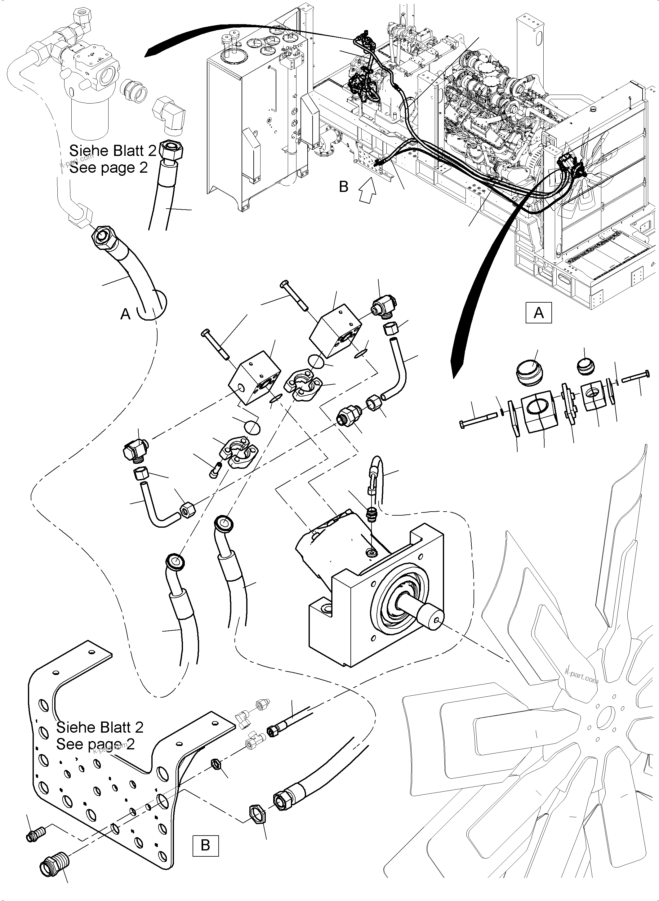 Komatsu parts book diagram for PC4000-11 S/N 08273: LINES - FAN MOTORS, FAN PUMP (RADIATOR)