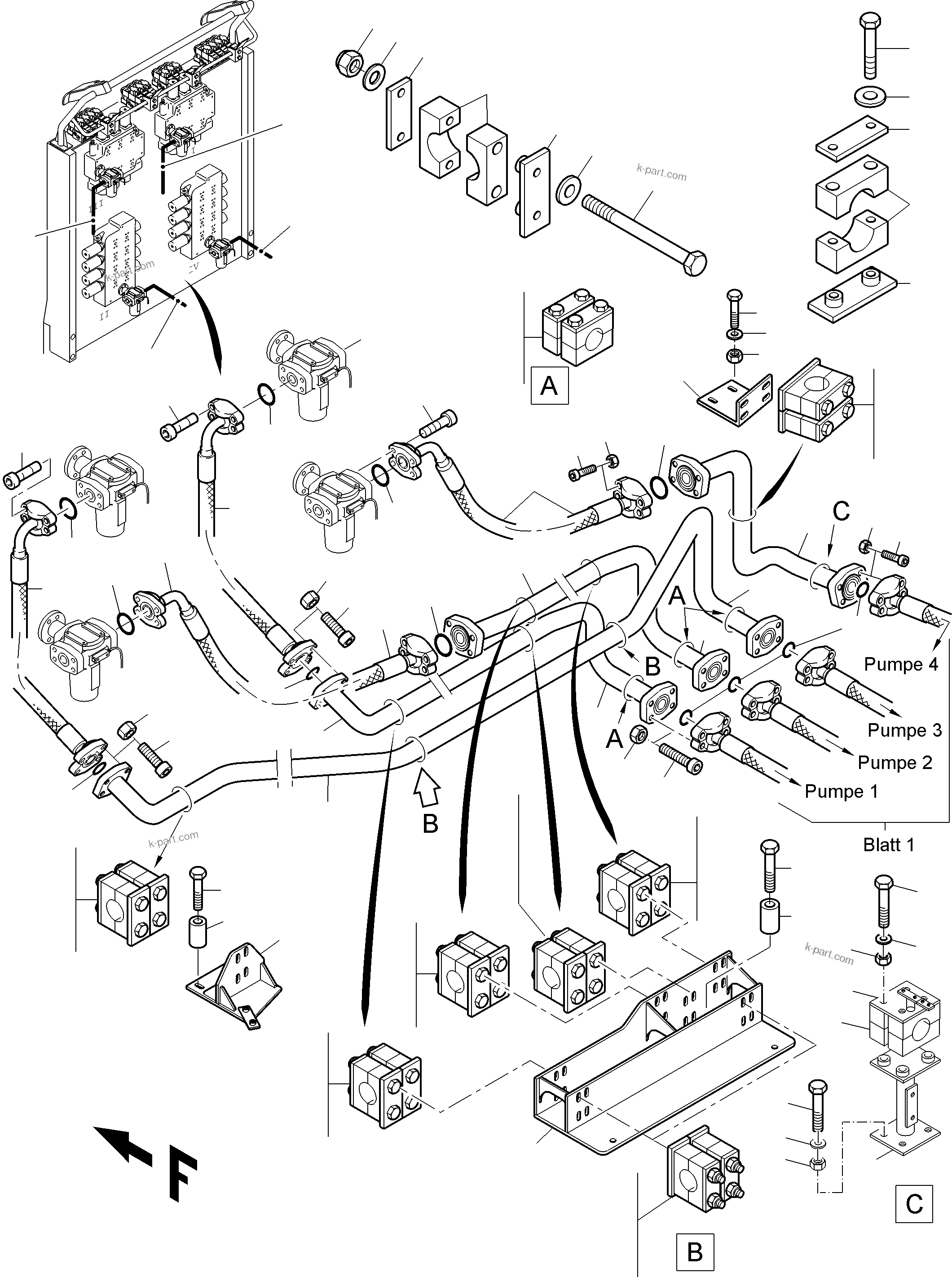 Komatsu parts book diagram for PC4000-6E S/N 08286: PRESSURE LINES - MAIN PUMPS