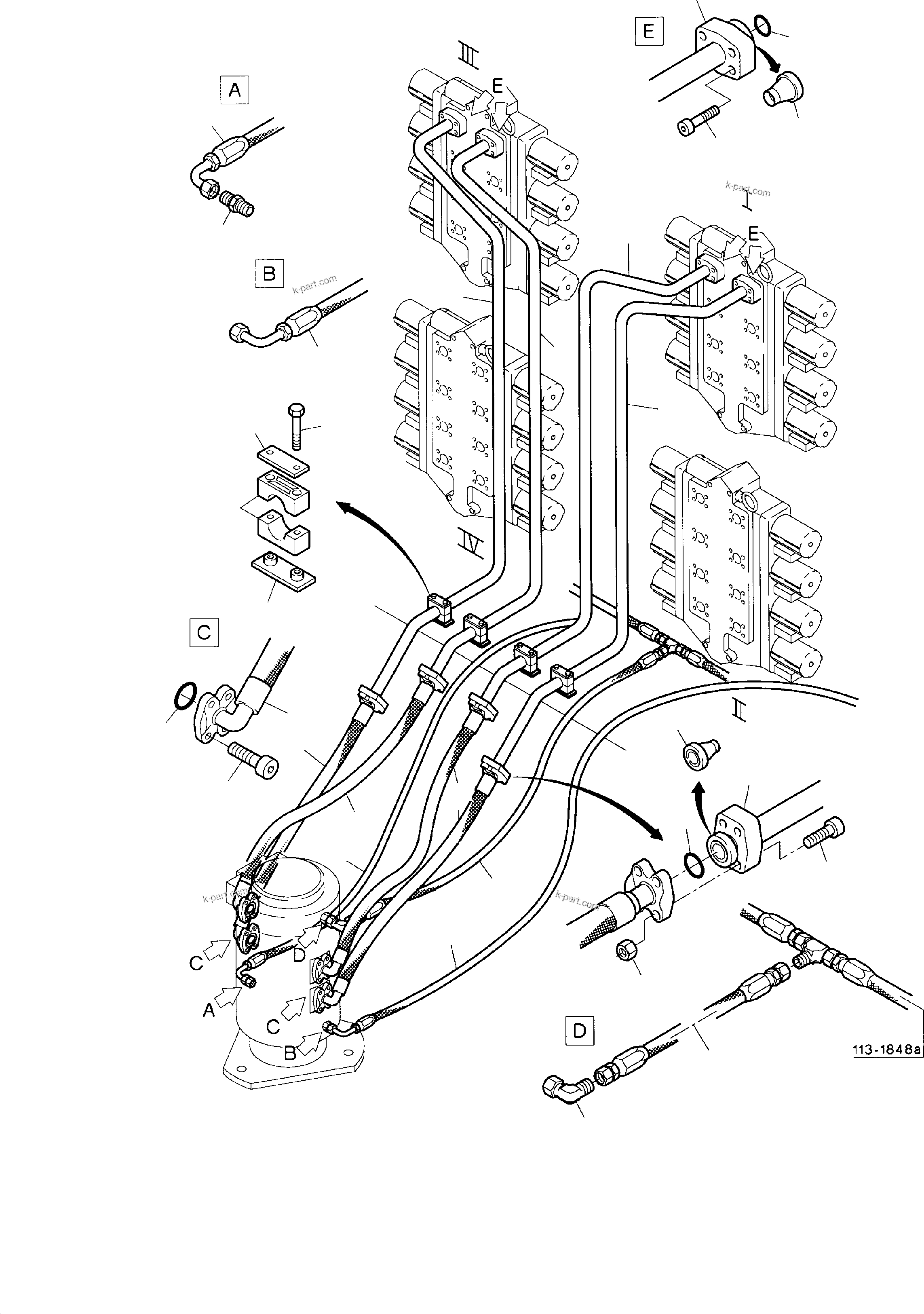 Komatsu parts book diagram for PC8000-1E S/N 12024: PIPES,- AND HOSES ASSY., CONTROL BLOCKS - ROTARY JOINT