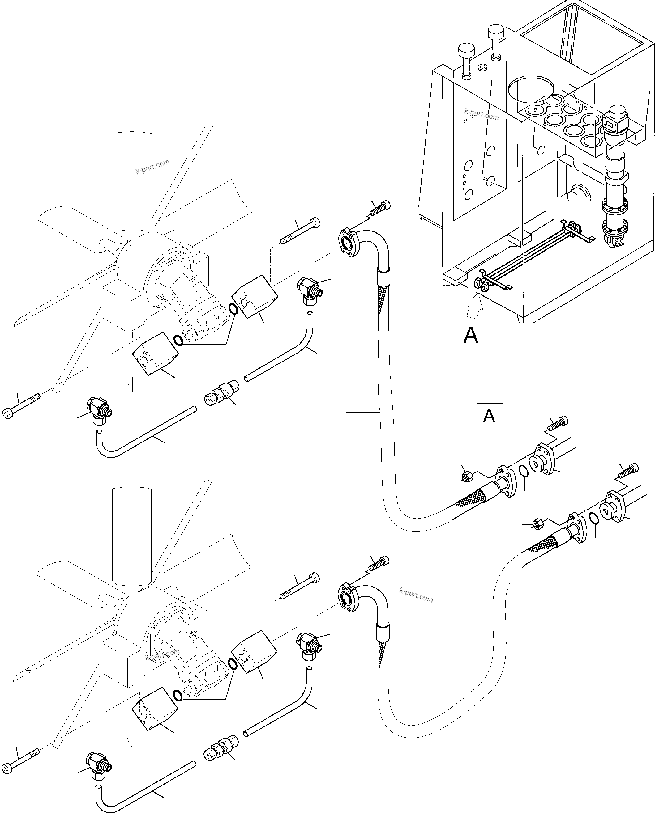 Komatsu parts book diagram for PC8000-6E S/N 12061: PRESSURE LINES - FAN MOTORS -OIL COOLER