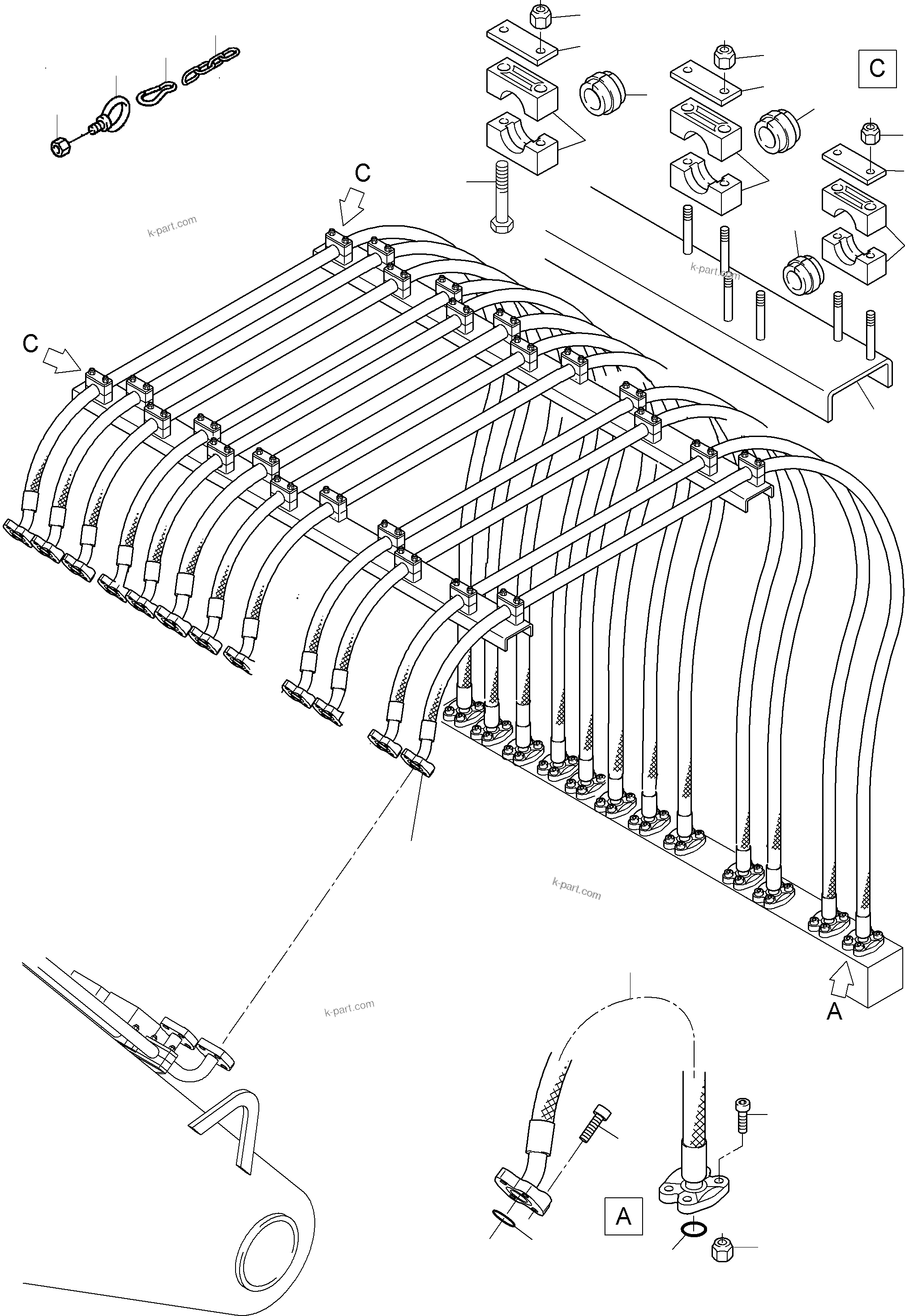 Komatsu parts book diagram for PC8000-6 S/N 12082: HOSES ASSY., DISTRIBUTION BLOCK - BOOM,KSE