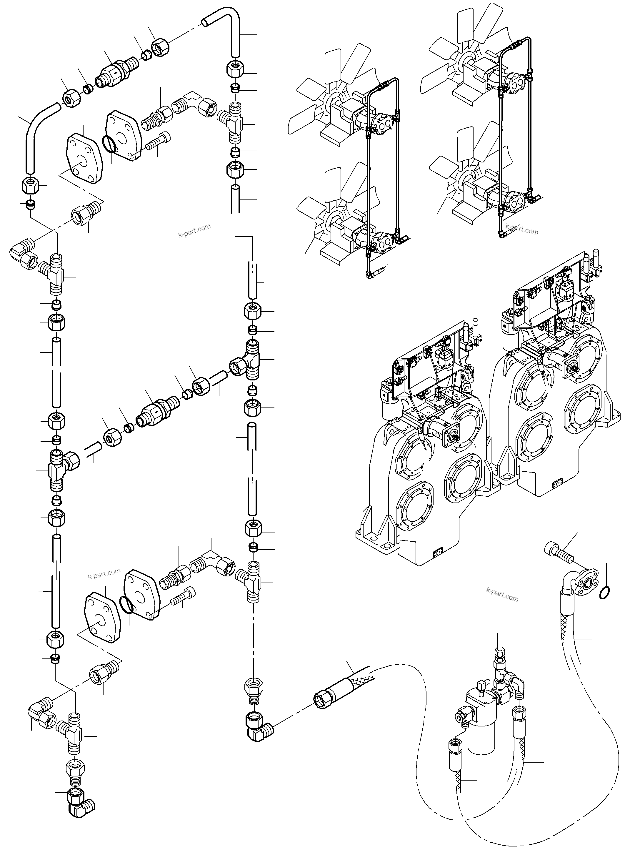 Komatsu parts book diagram for PC8000-6 S/N 12082: PRESSURE LINES AND RETURN LINES FAN MOTORS (WATER)