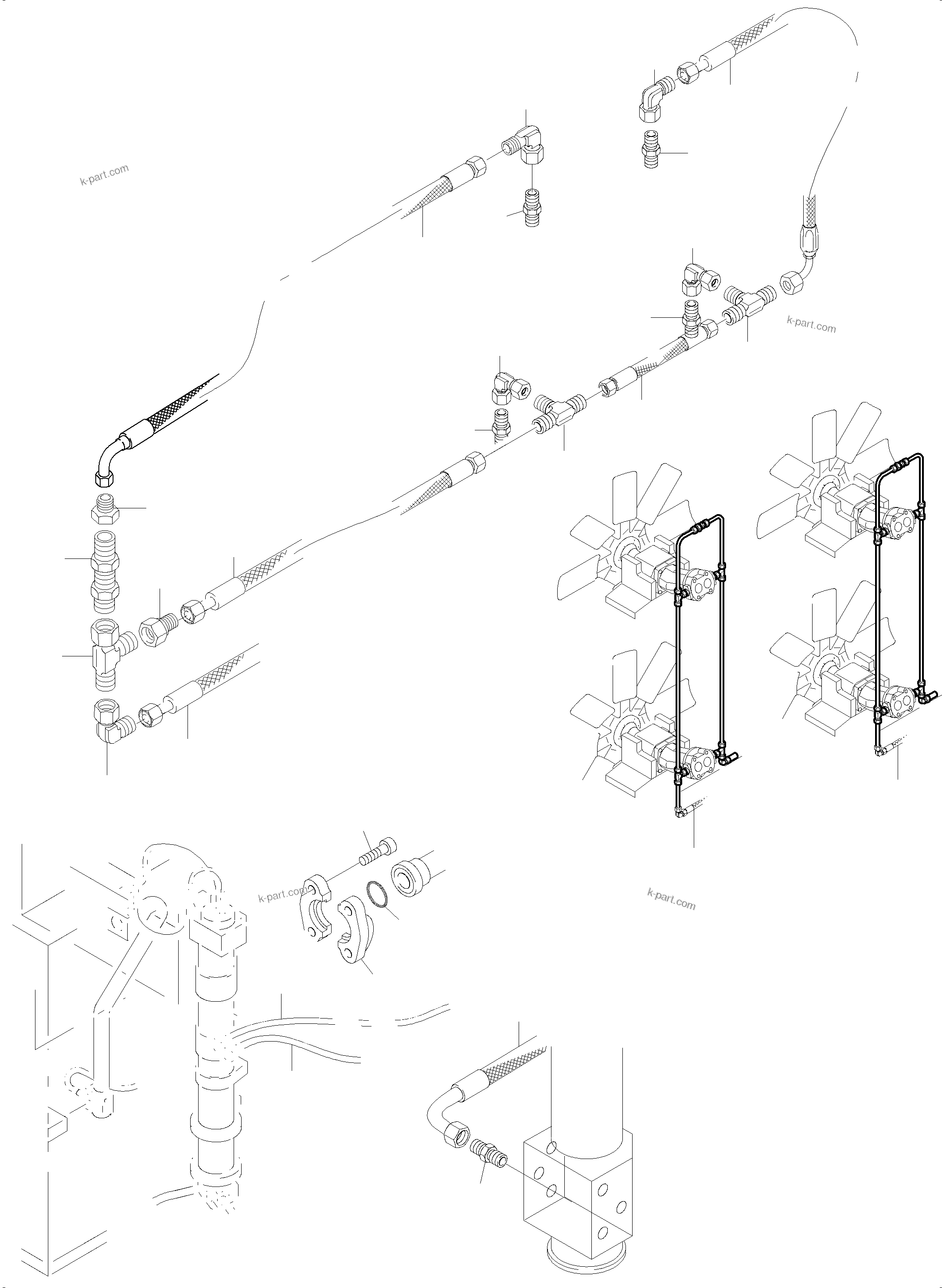 Komatsu parts book diagram for PC8000-6 S/N 12082: PRESSURE LINES AND RETURN LINES FAN MOTORS (WATER)