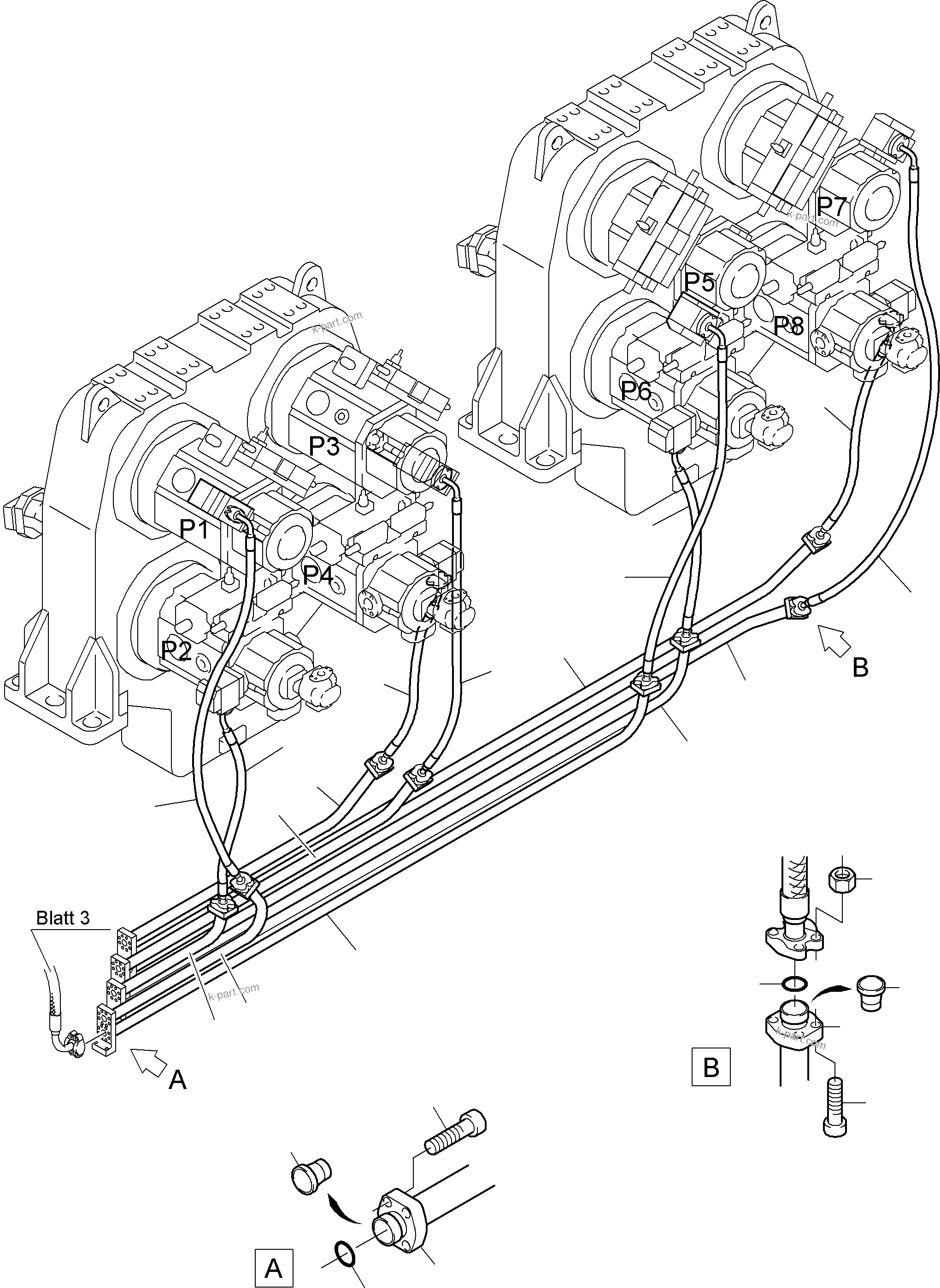 Komatsu parts book diagram for PC8000-6 S/N 12082: PRESSURE LINES, MAIN PUMPS - H.P. FILTER
