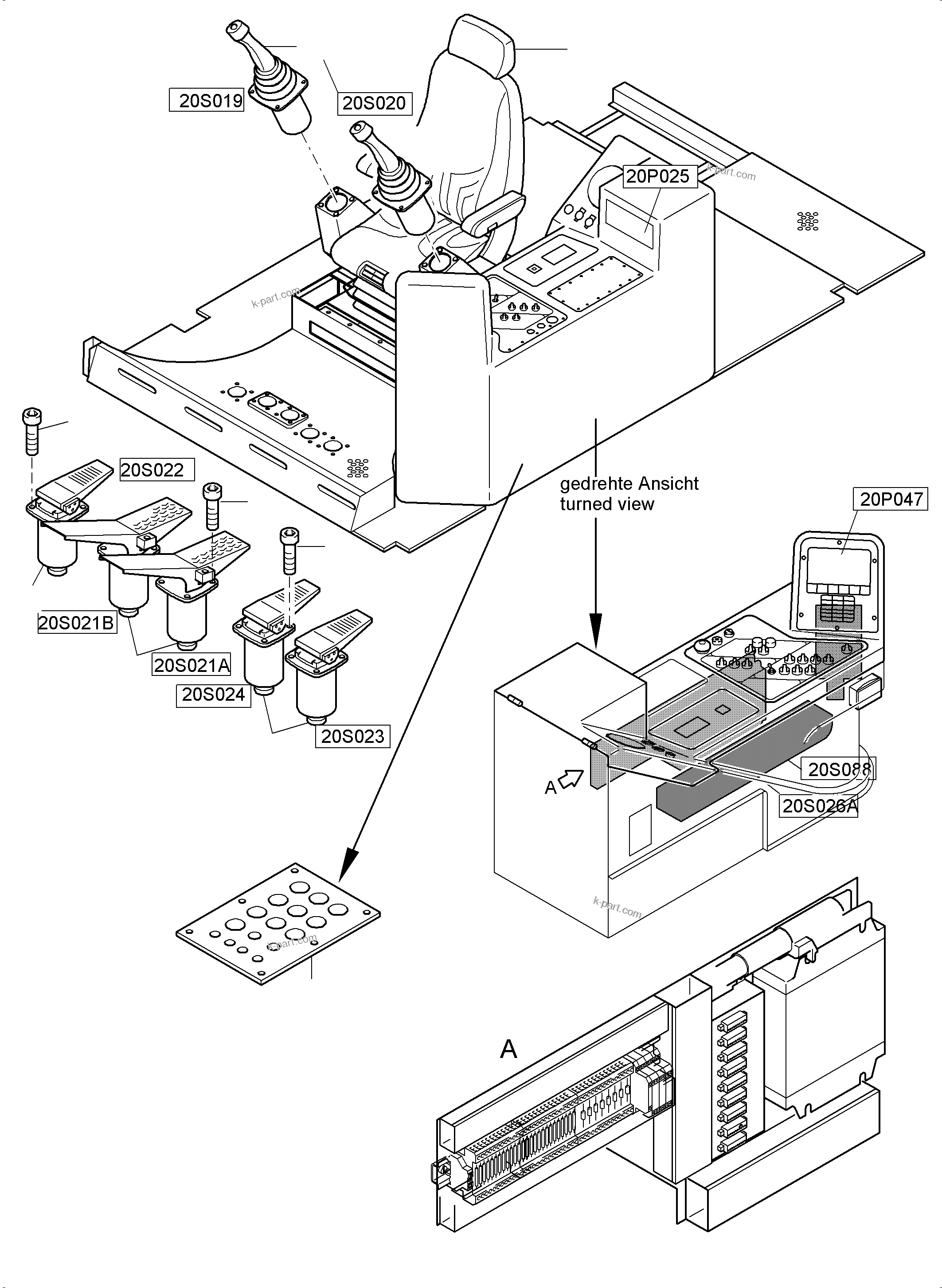 Komatsu parts book diagram for PC8000-6 S/N 12082: CABIN - OPERATION ELEMENTS - LOCATION 20