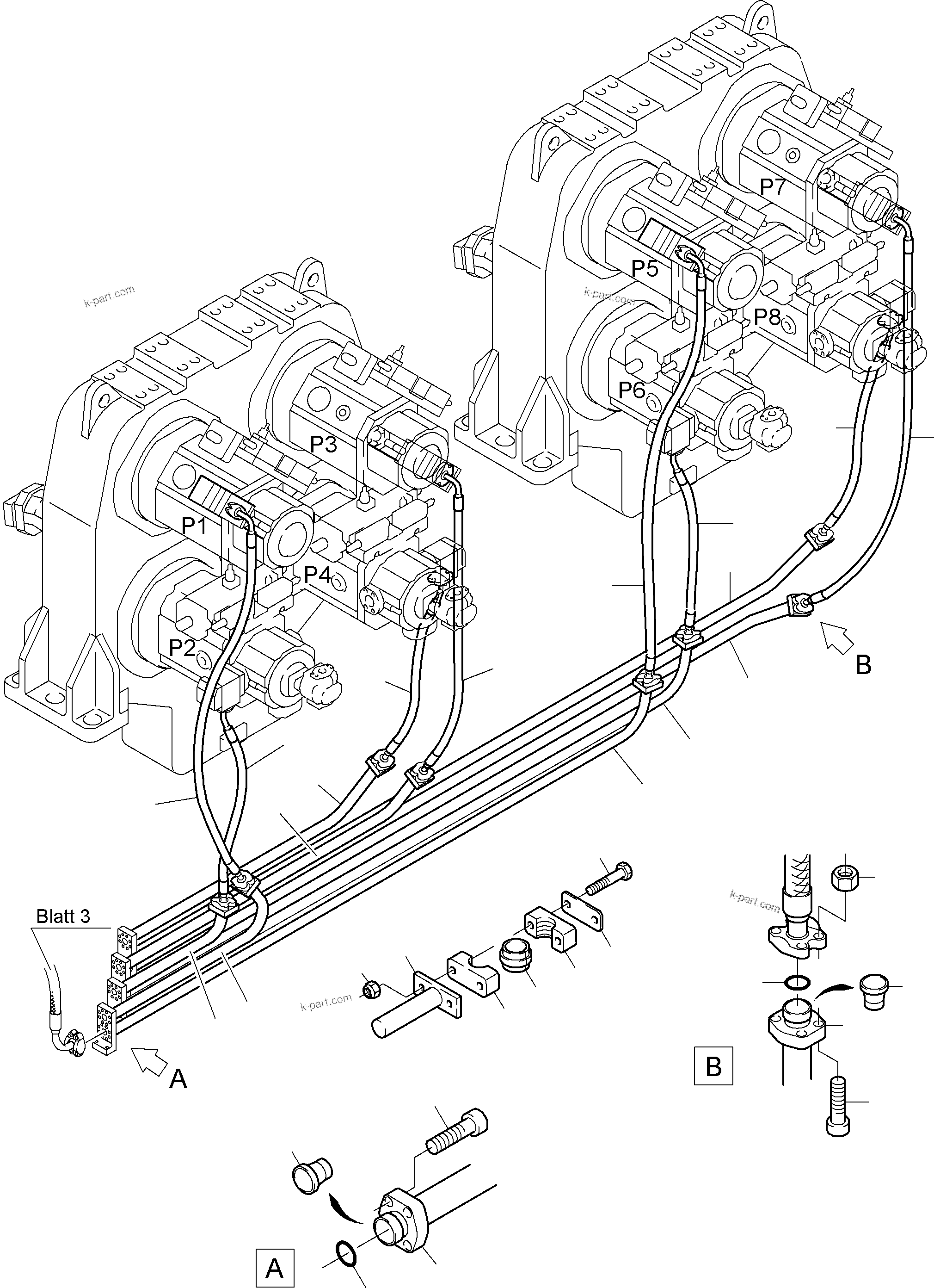 Komatsu parts book diagram for PC8000-6E S/N 12085: PRESSURE LINES, MAIN PUMPS - H.P. FILTER