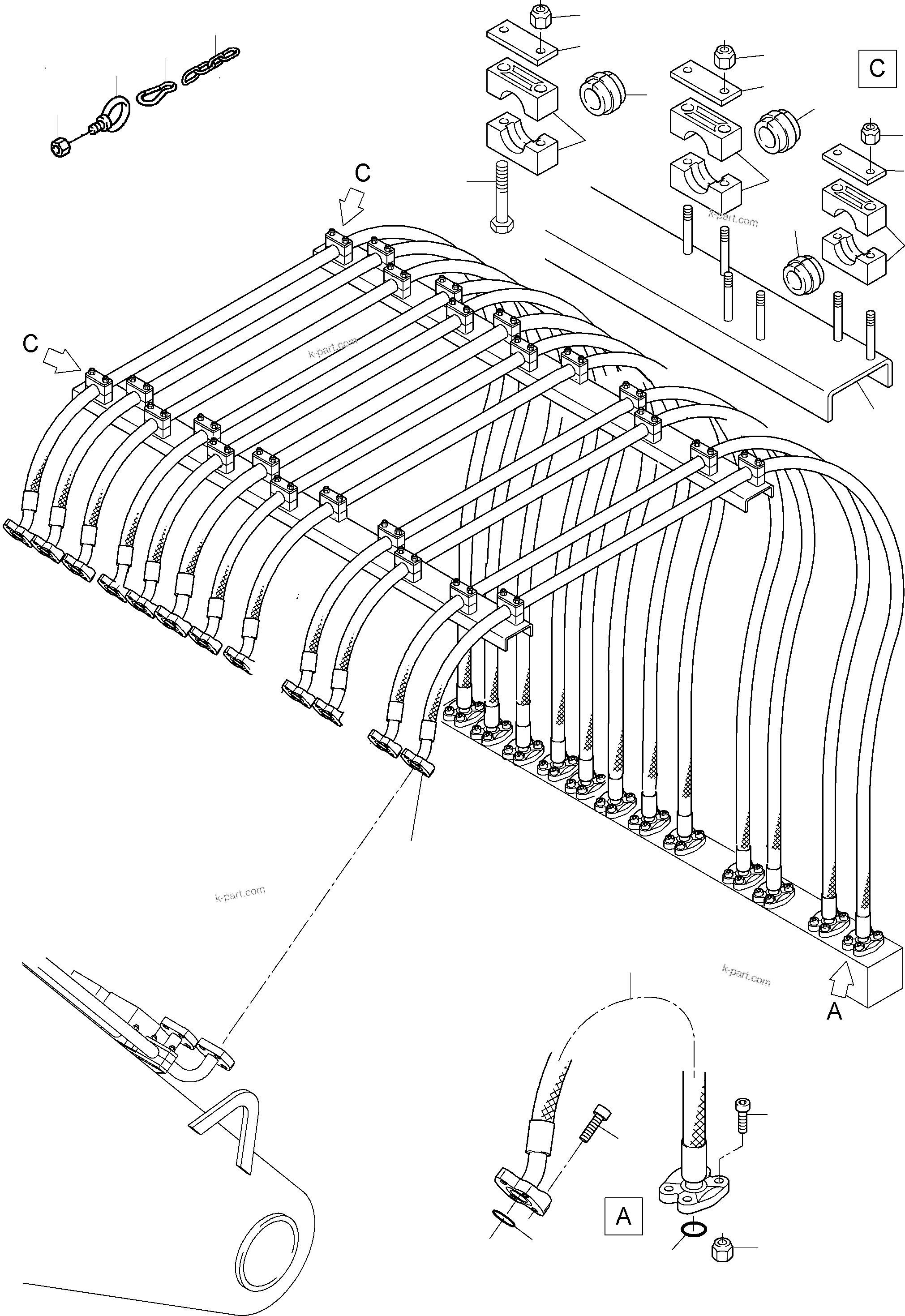 Komatsu parts book diagram for PC8000-6E S/N 12088: HOSES ASSY., DISTRIBUTION BLOCK - BOOM,KSE