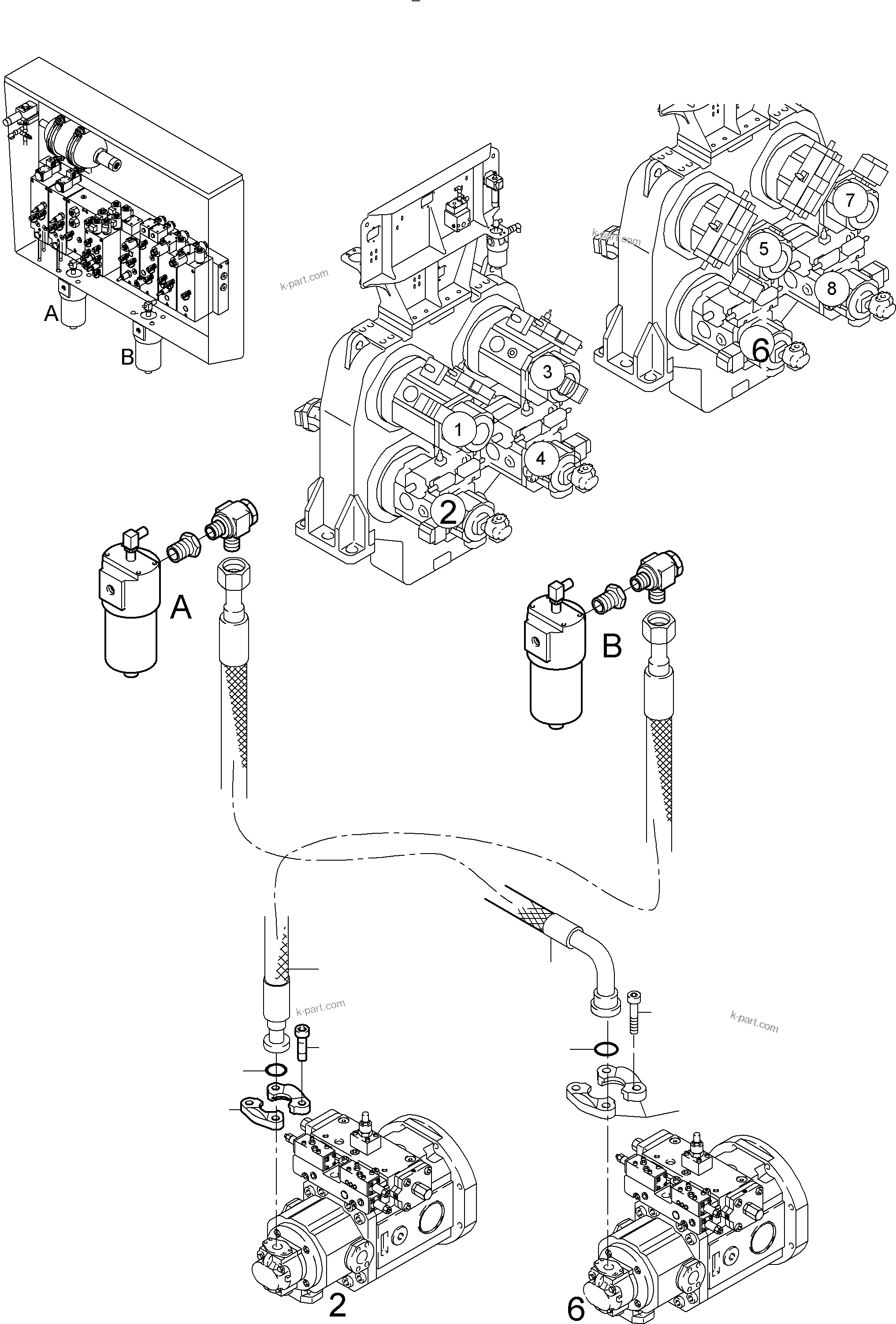 Komatsu parts book diagram for PC8000-11 S/N 12117: PRESSURE LINES - PILOTOIL PUMP