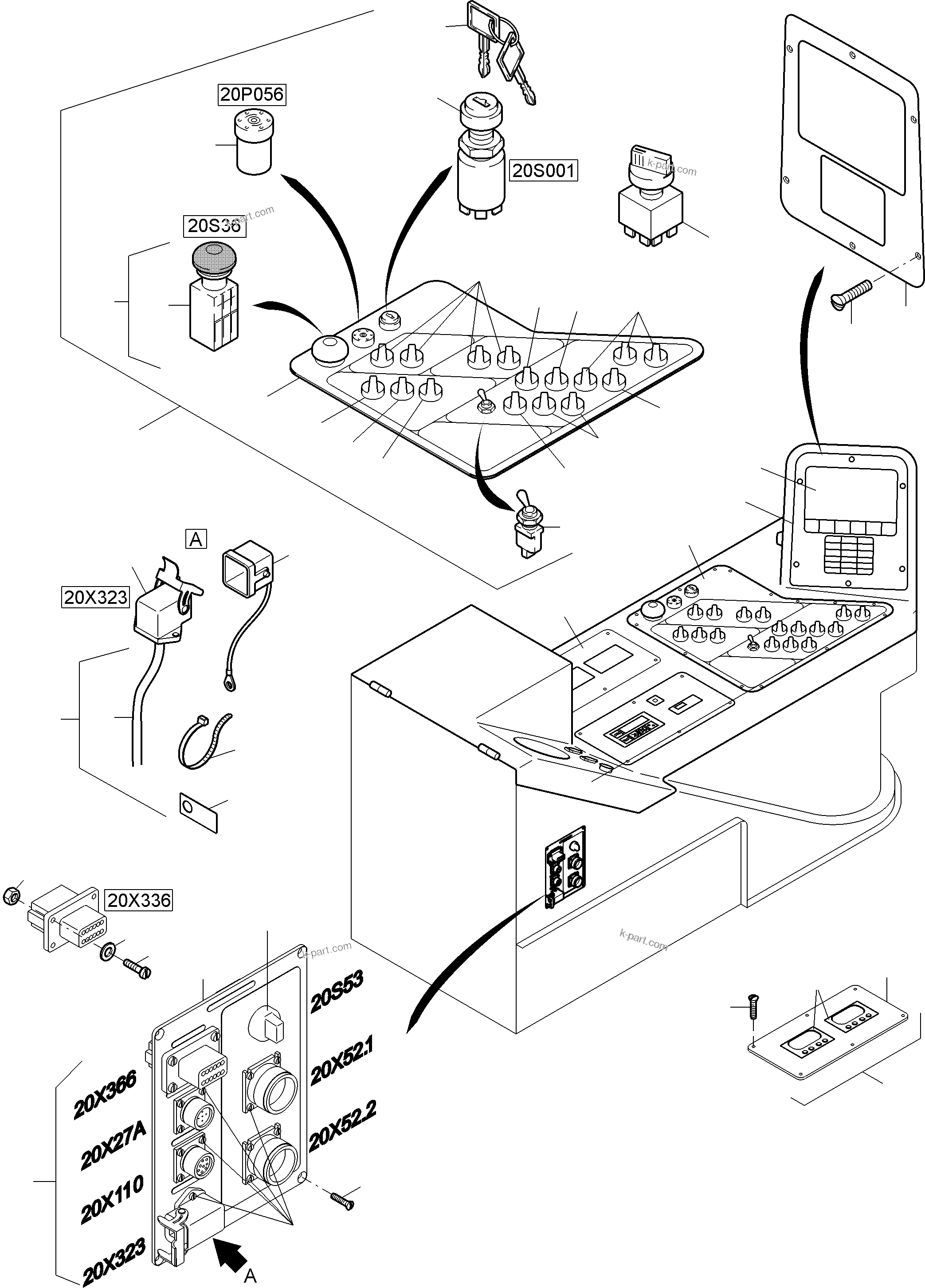 Komatsu parts book diagram for PC8000-11 S/N 12118: CABIN - OPERATION ELEMENTS - LOCATION 20