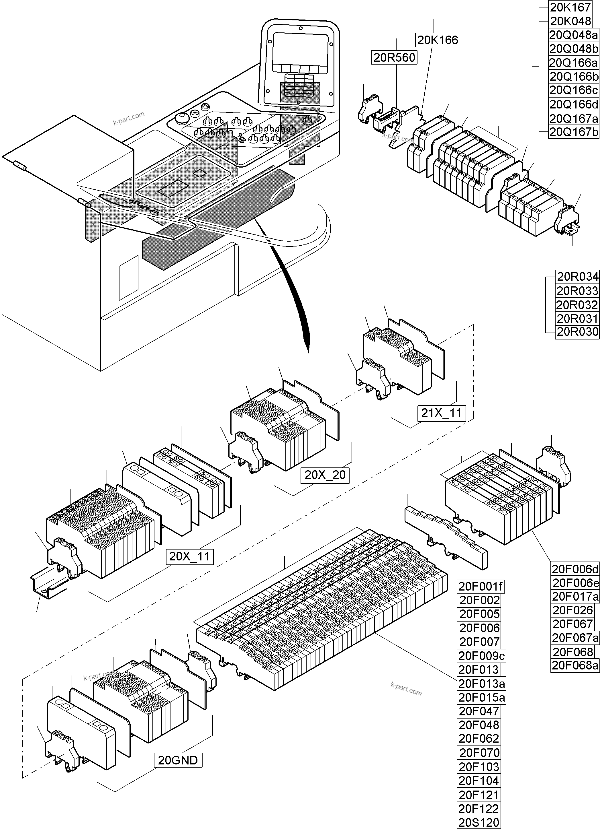 Komatsu parts book diagram for PC8000-11 S/N 12118: CABIN - OPERATION ELEMENTS - LOCATION 20