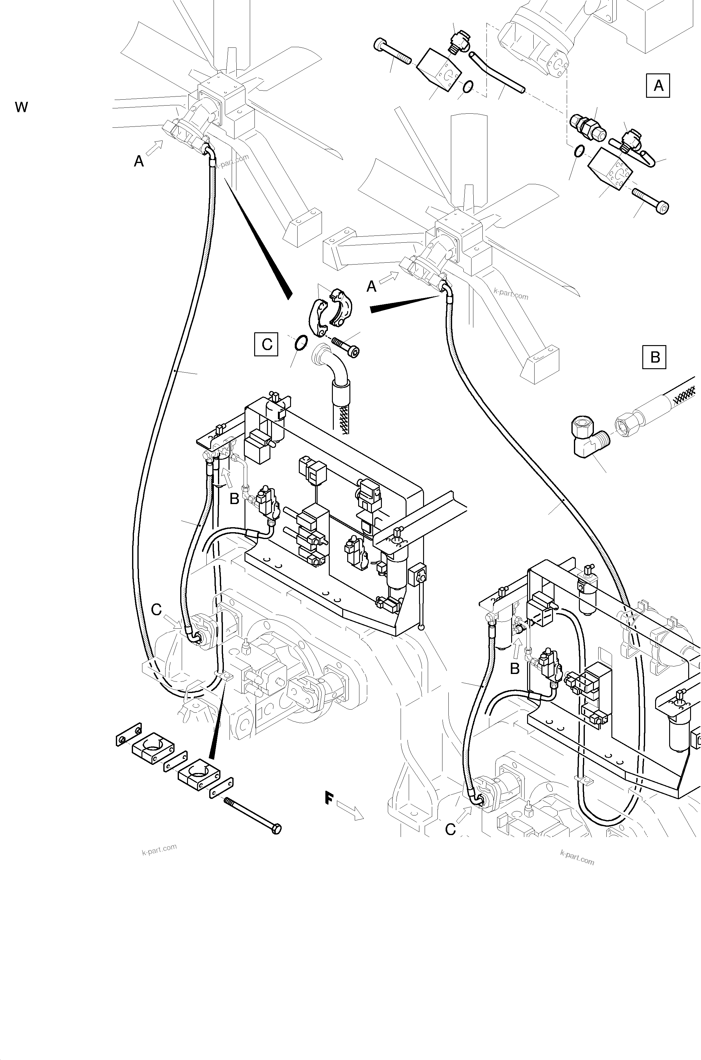 Komatsu parts book diagram for H455-SD S/N 15009: PRESSURE LINES - FAN MOTORS (RADIATOR)
