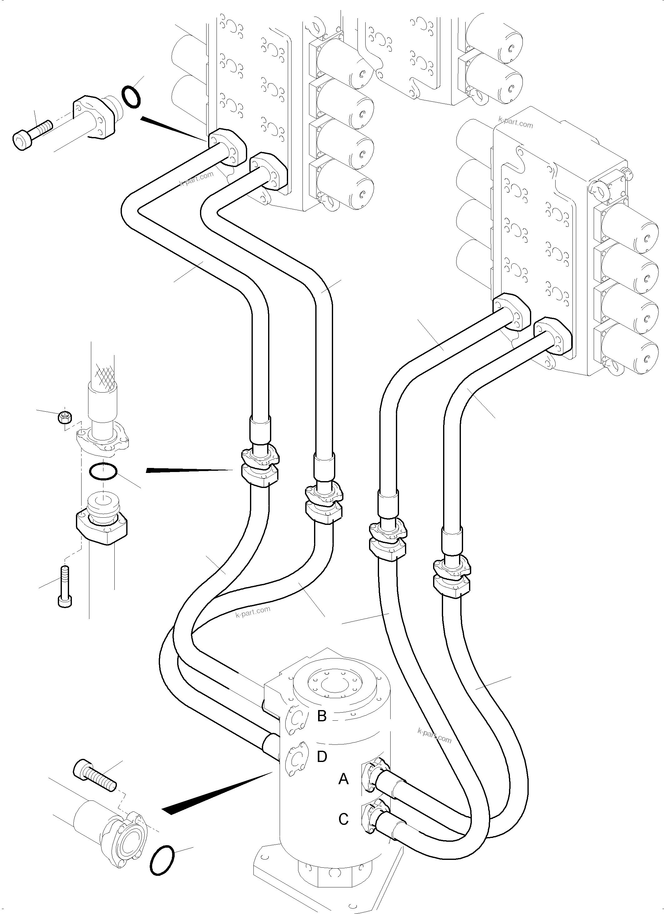 Komatsu parts book diagram for PC5500-6 S/N 15086: PIPE AND HOSE ASSY, CONTROL BLOCKS - ROTARY JOINT