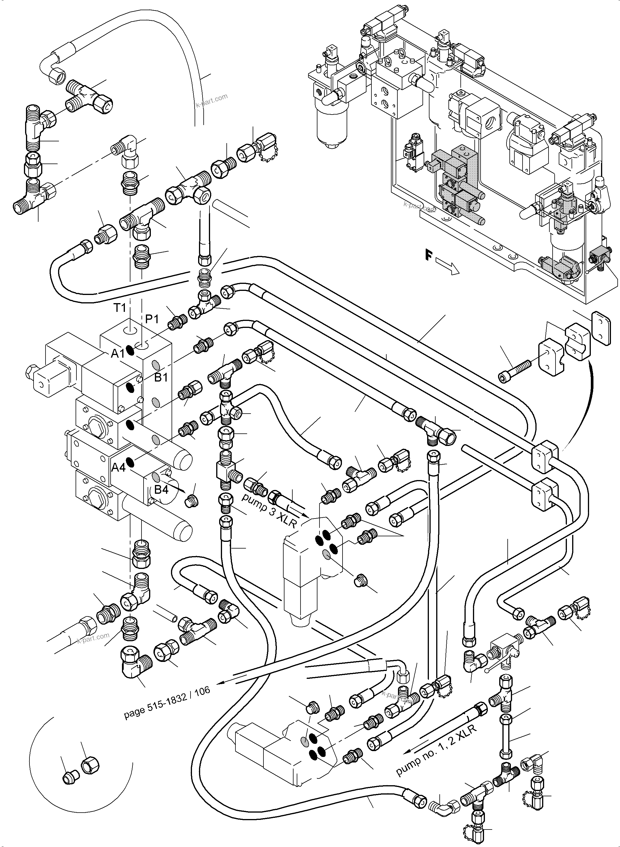 Komatsu parts book diagram for PC5500-6 S/N 15086: PIPES - CONTROL- AND FILTER PLATE, REAR
