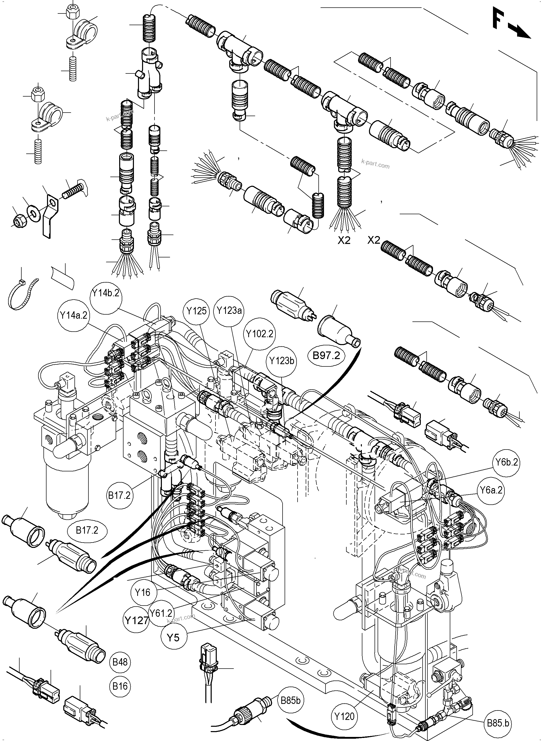 Komatsu parts book diagram for PC5500-6 S/N 15086: CABLES - CONTROL- AND FILTER PLATE, FRONT