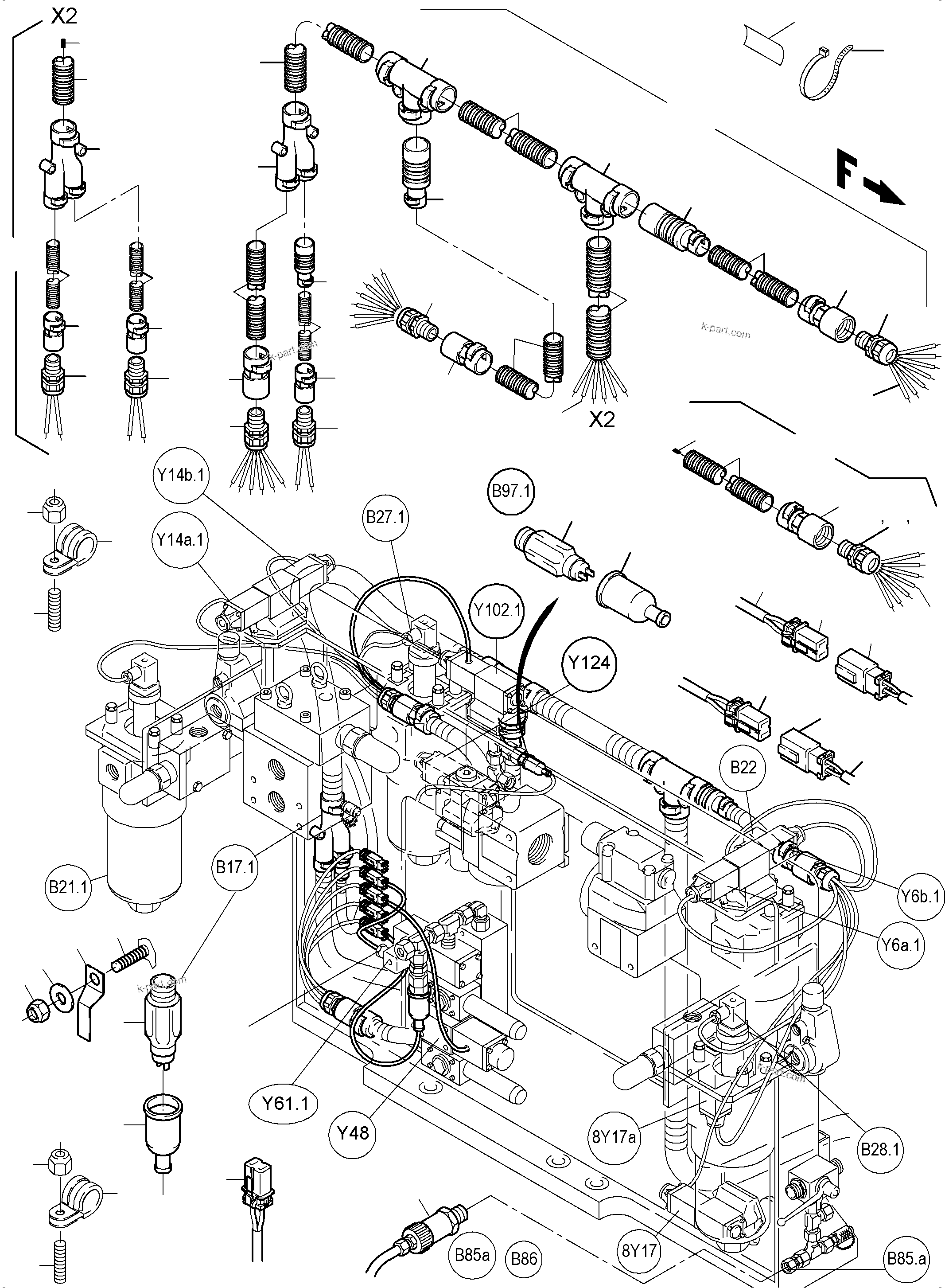 Komatsu parts book diagram for PC5500-6 S/N 15086: CABLES - CONTROL- AND FILTER PLATE, REAR
