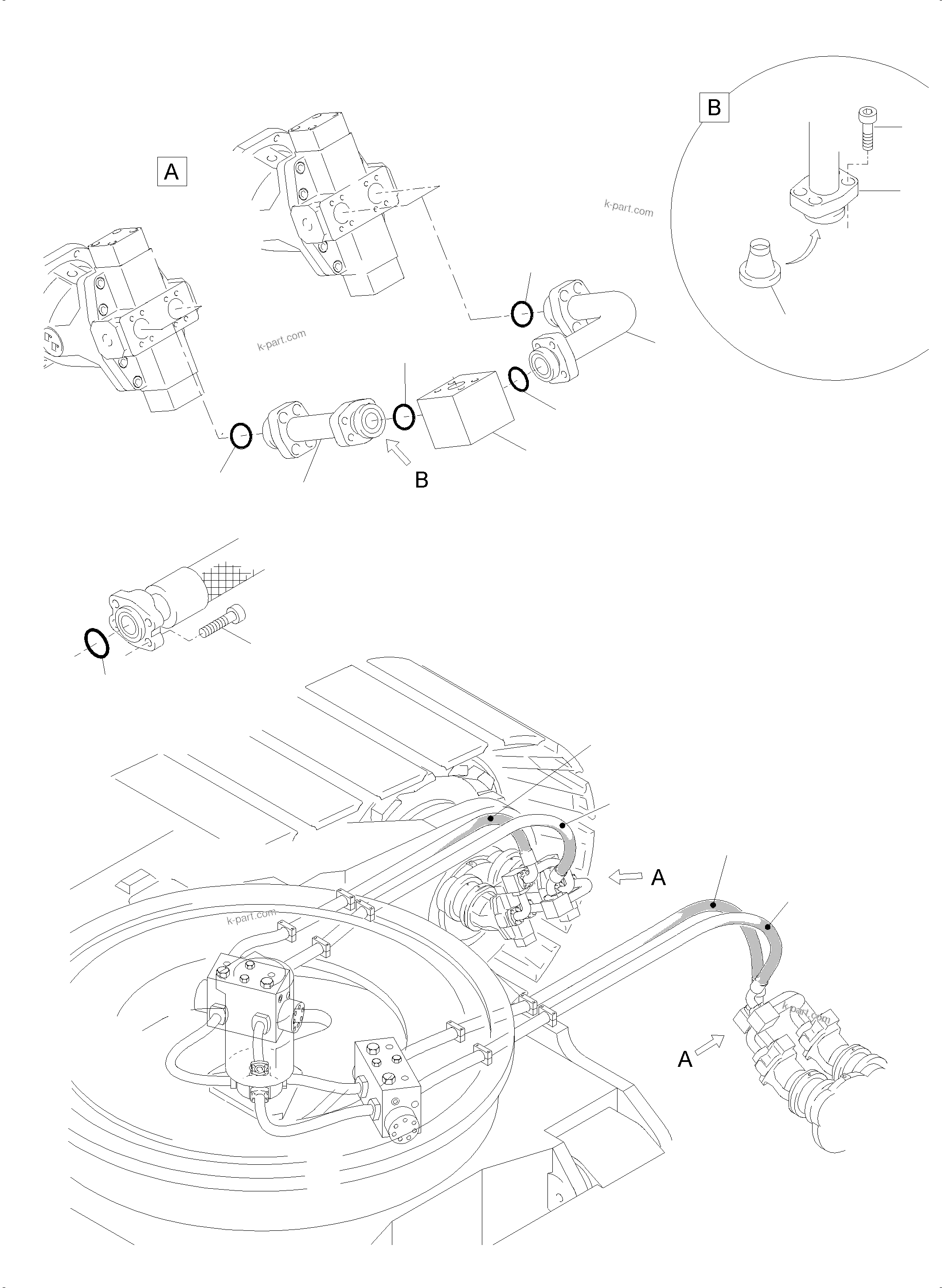 Komatsu parts book diagram for PC5500-6 S/N 15086: PRESSURE LINES, TRAVELMOTORS - ROTARY JOINT