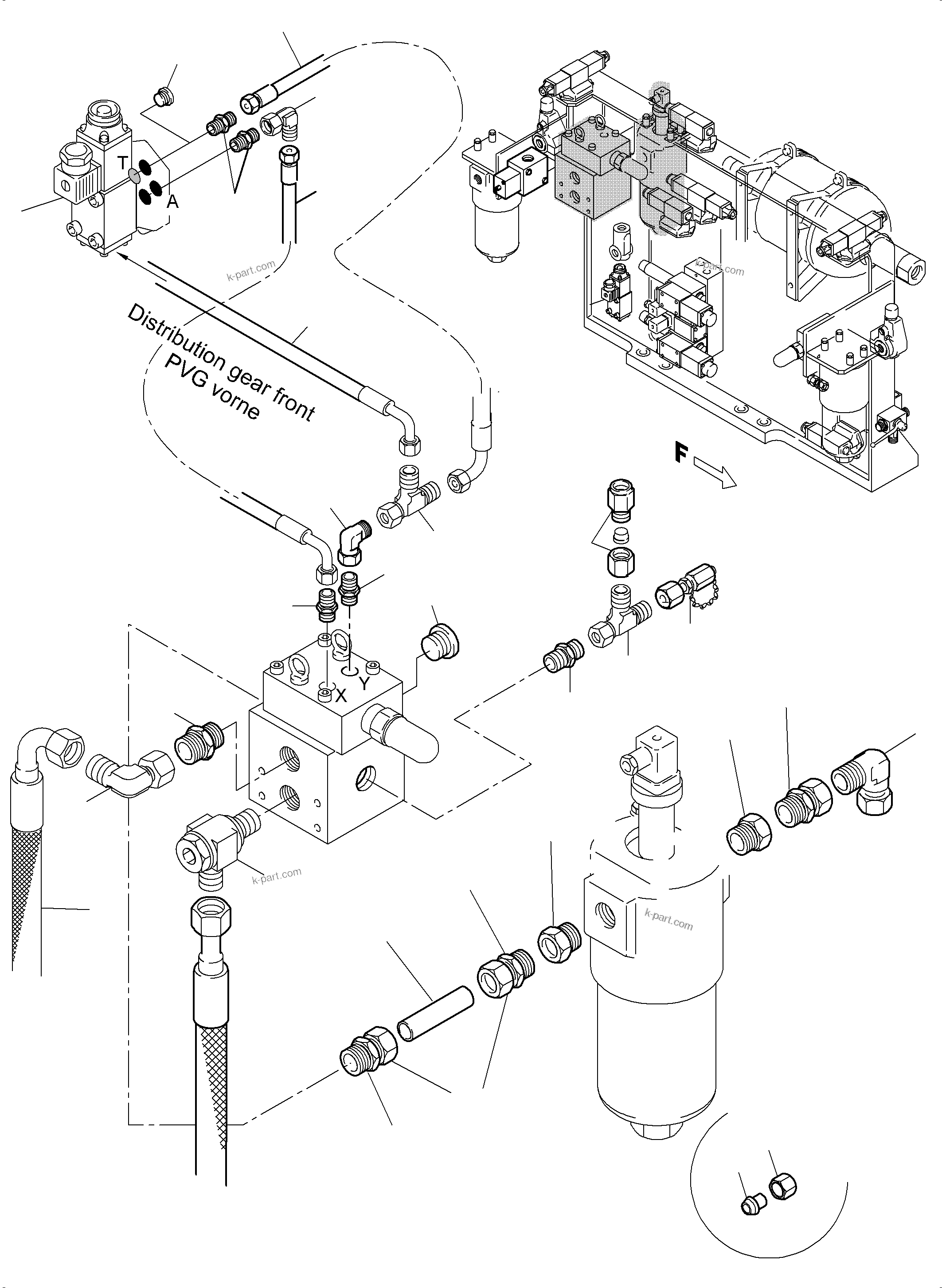 Komatsu parts book diagram for PC5500-6E S/N 15089: PIPES - CONTROL- AND FILTER PLATE, FRONT
