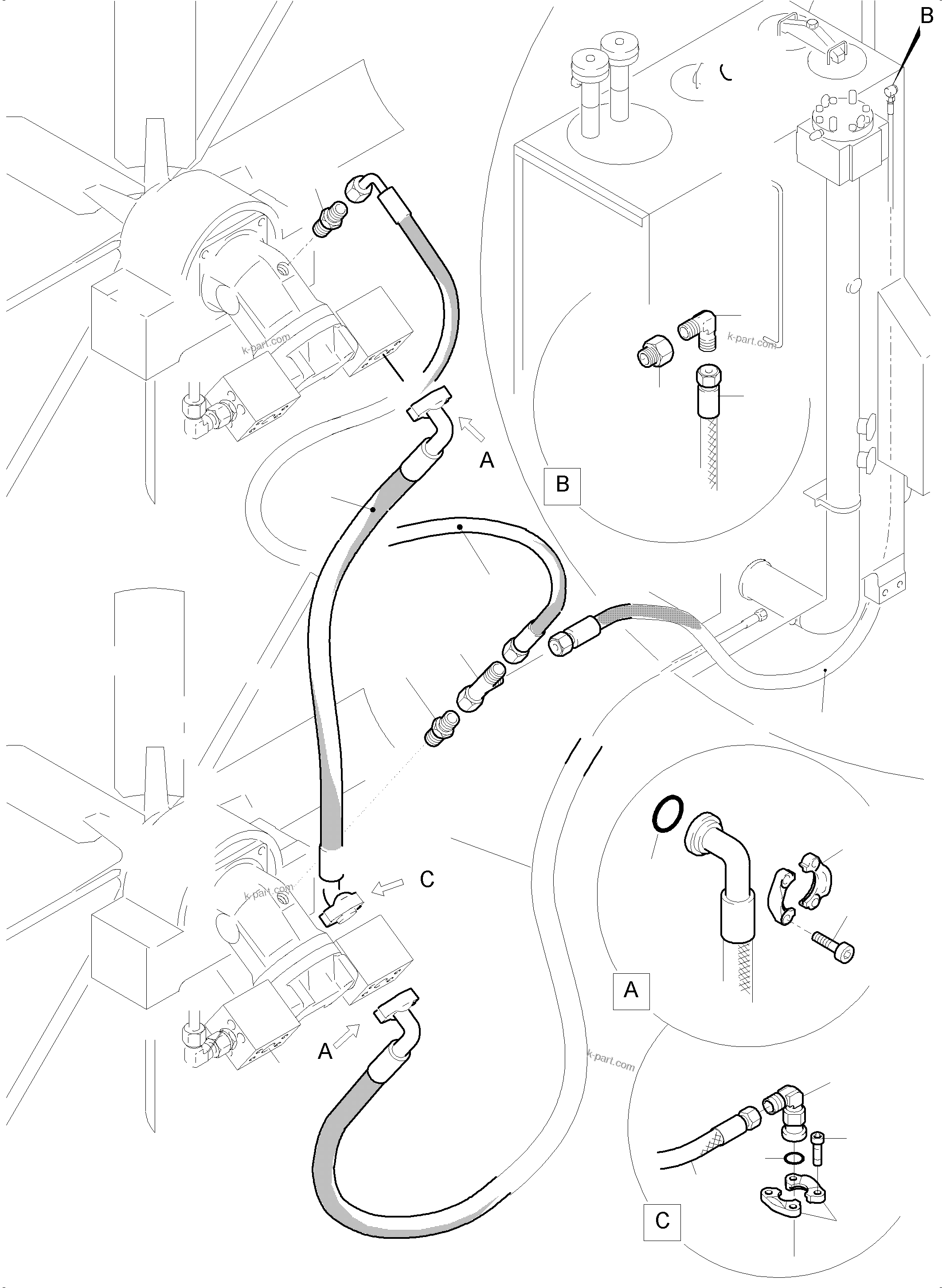 Komatsu parts book diagram for PC5500-6E S/N 15089: RETURN LINES - FAN MOTORS ( OIL COOLER )
