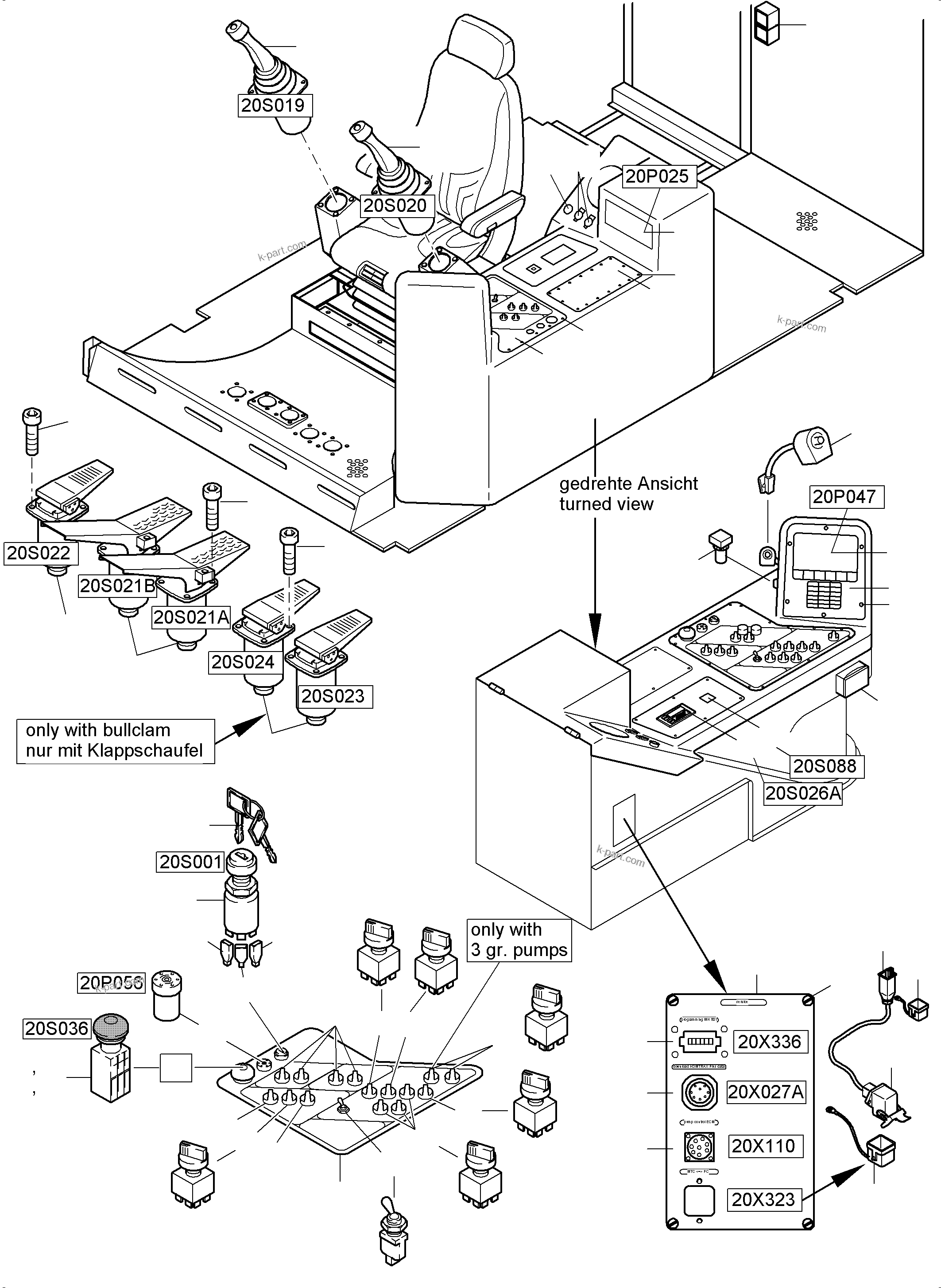 Komatsu parts book diagram for PC5500-6E S/N 15089: CABIN - OPERATION ELEMENTS - LOCATION 20