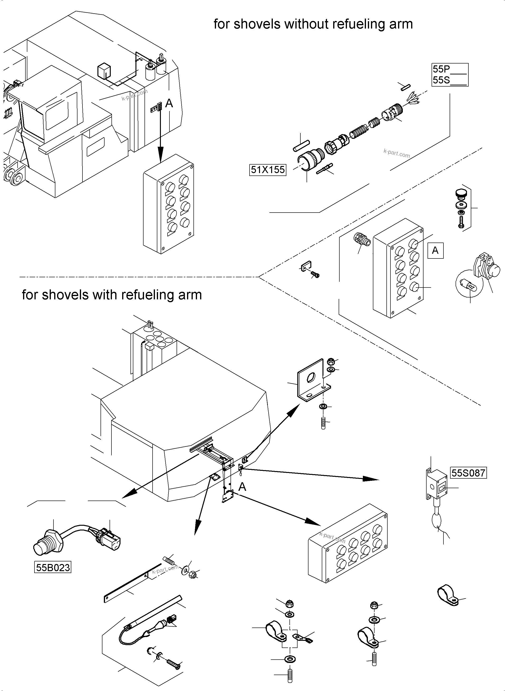 Komatsu parts book diagram for PC5500-6E S/N 15134: ELECTRO PARTS REFUELING, WITHOUT OR WITH SERVICE ARM