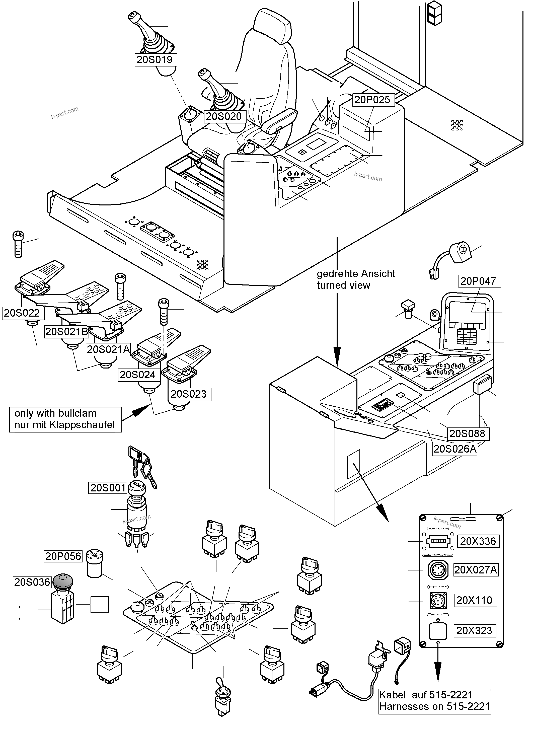 Komatsu parts book diagram for PC5500-6E S/N 15134: CABIN - OPERATION ELEMENTS - LOCATION 20