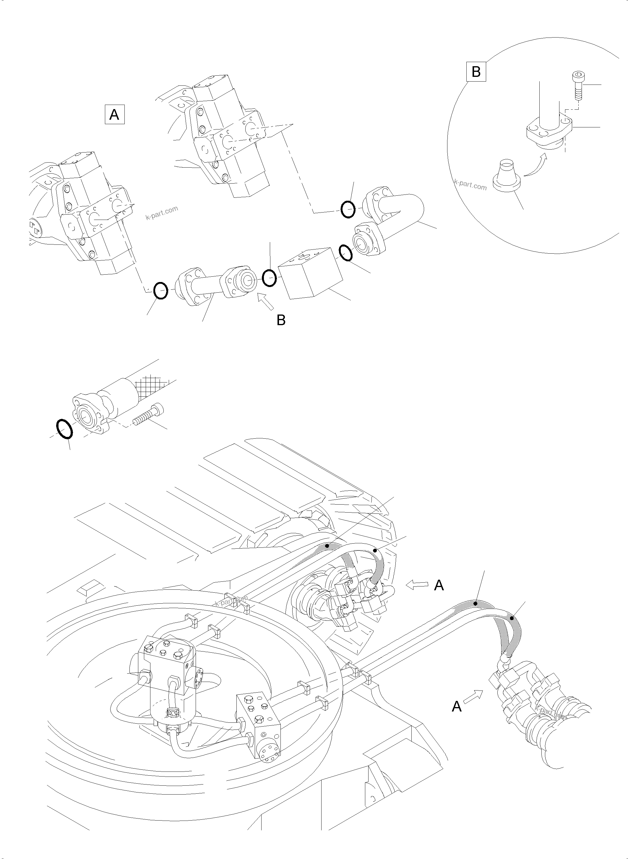 Komatsu parts book diagram for PC5500-6 S/N 15137: PRESSURE LINES, TRAVELMOTORS - ROTARY JOINT