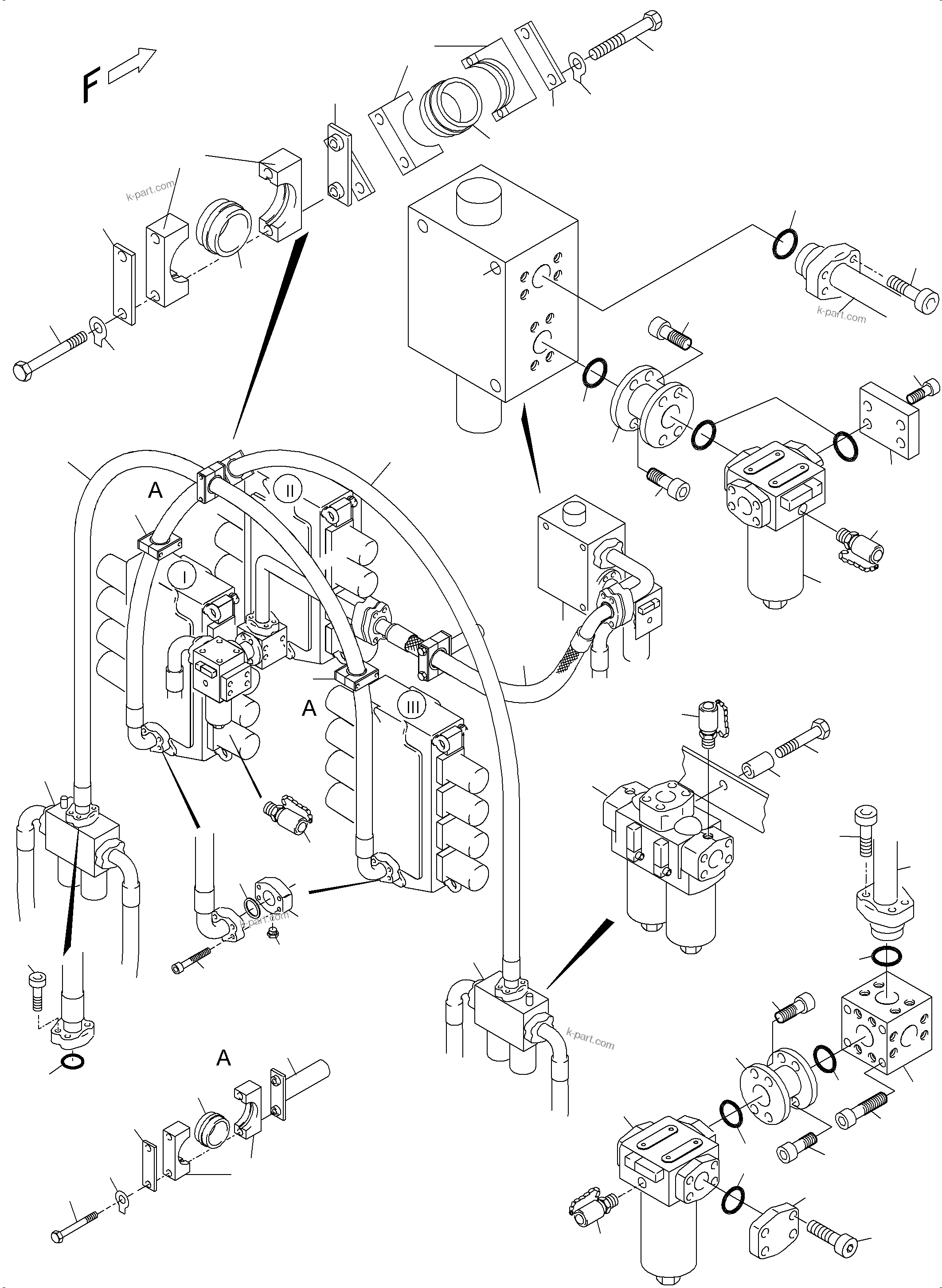 Komatsu parts book diagram for PC5500-6 S/N 15137: PRESSURE LINES, H.P. FILTER - CONTROL BLOCKS