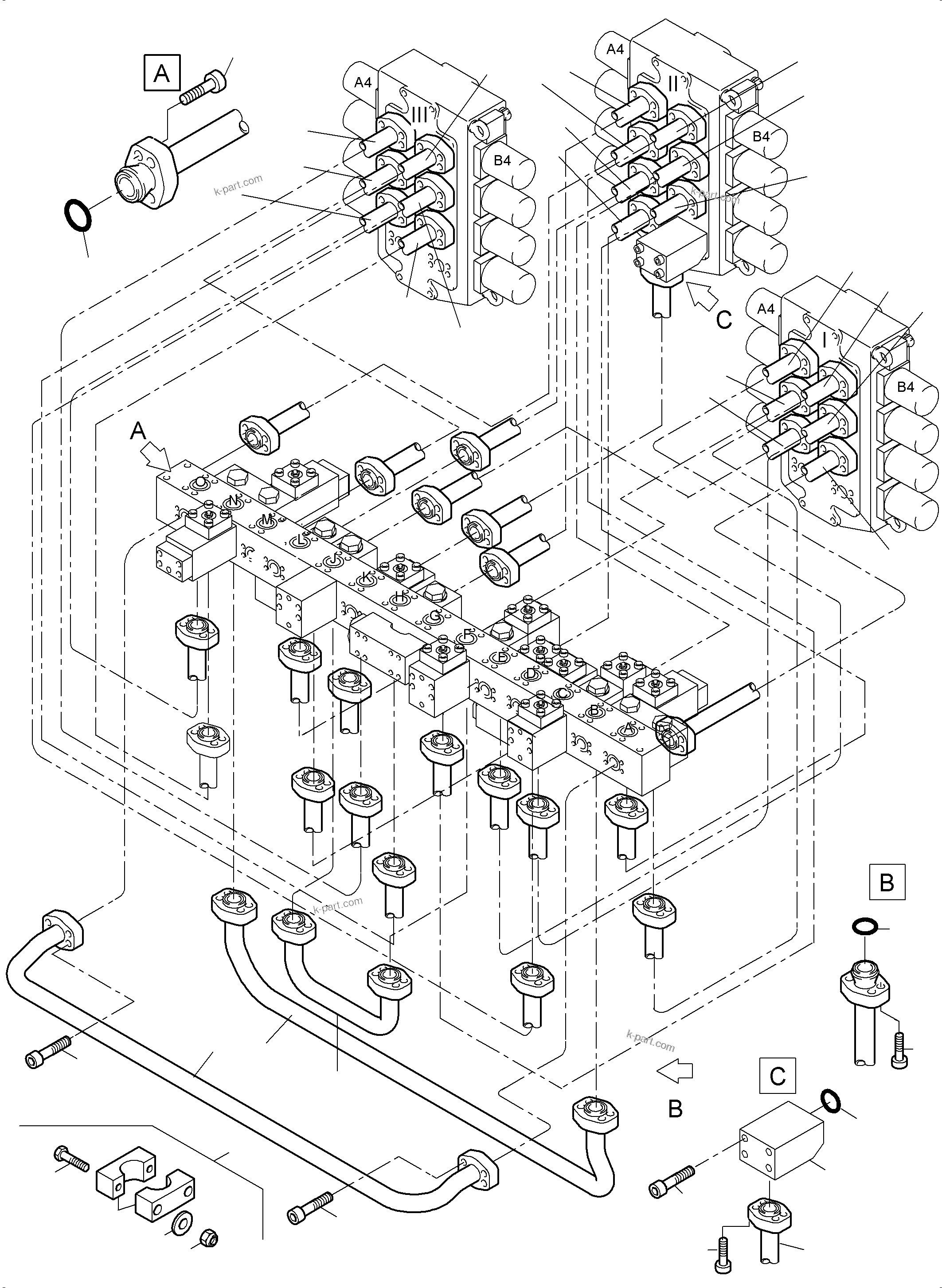 Komatsu parts book diagram for PC5500-6 S/N 15149: PRESSURE LINES, CONTROL BLOCKS - MANIFOLD BBE