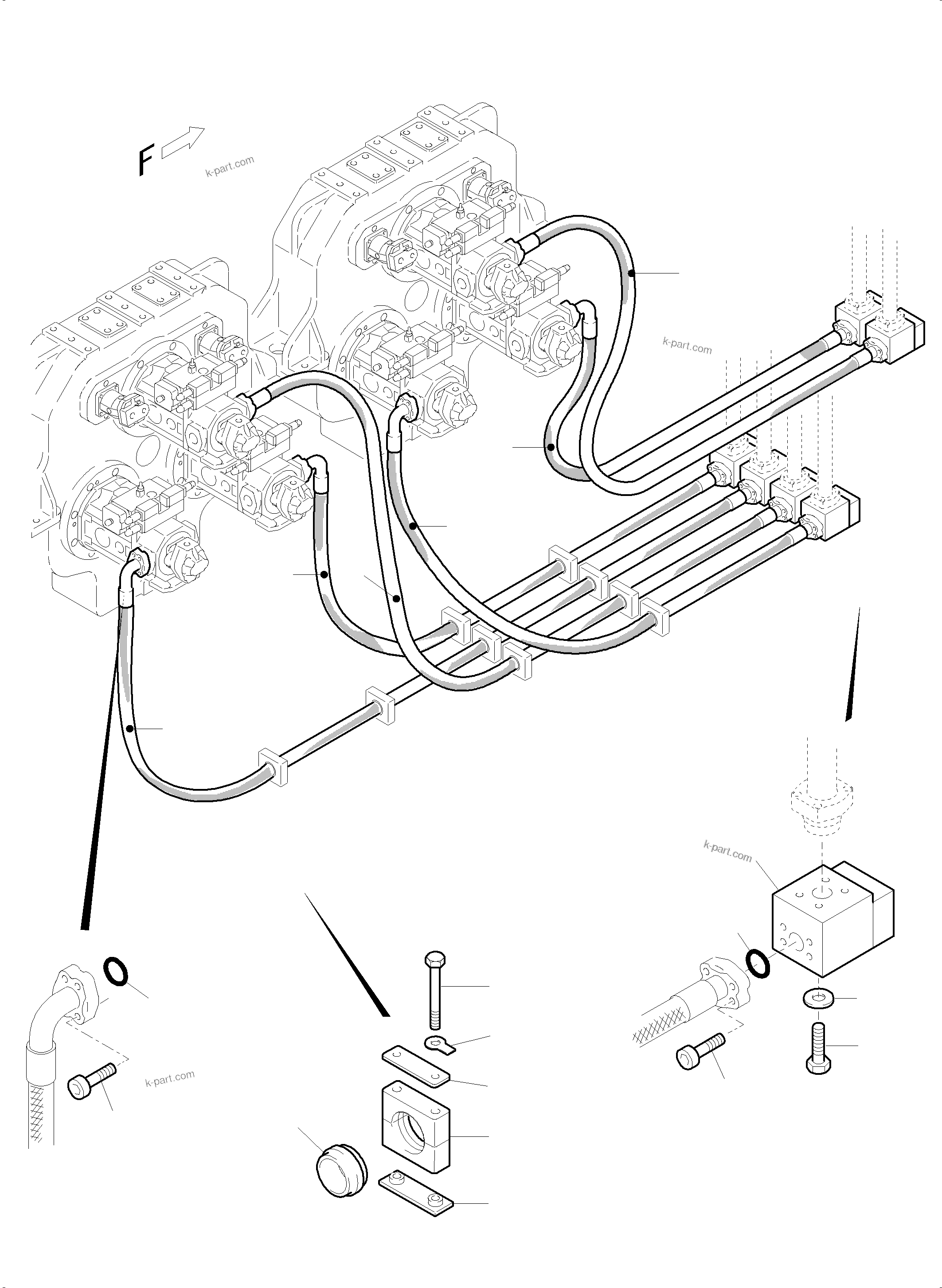 Komatsu parts book diagram for PC5500-6 S/N 15153: PRESSURE LINES, MAIN PUMPS - NON RETURN VALVES