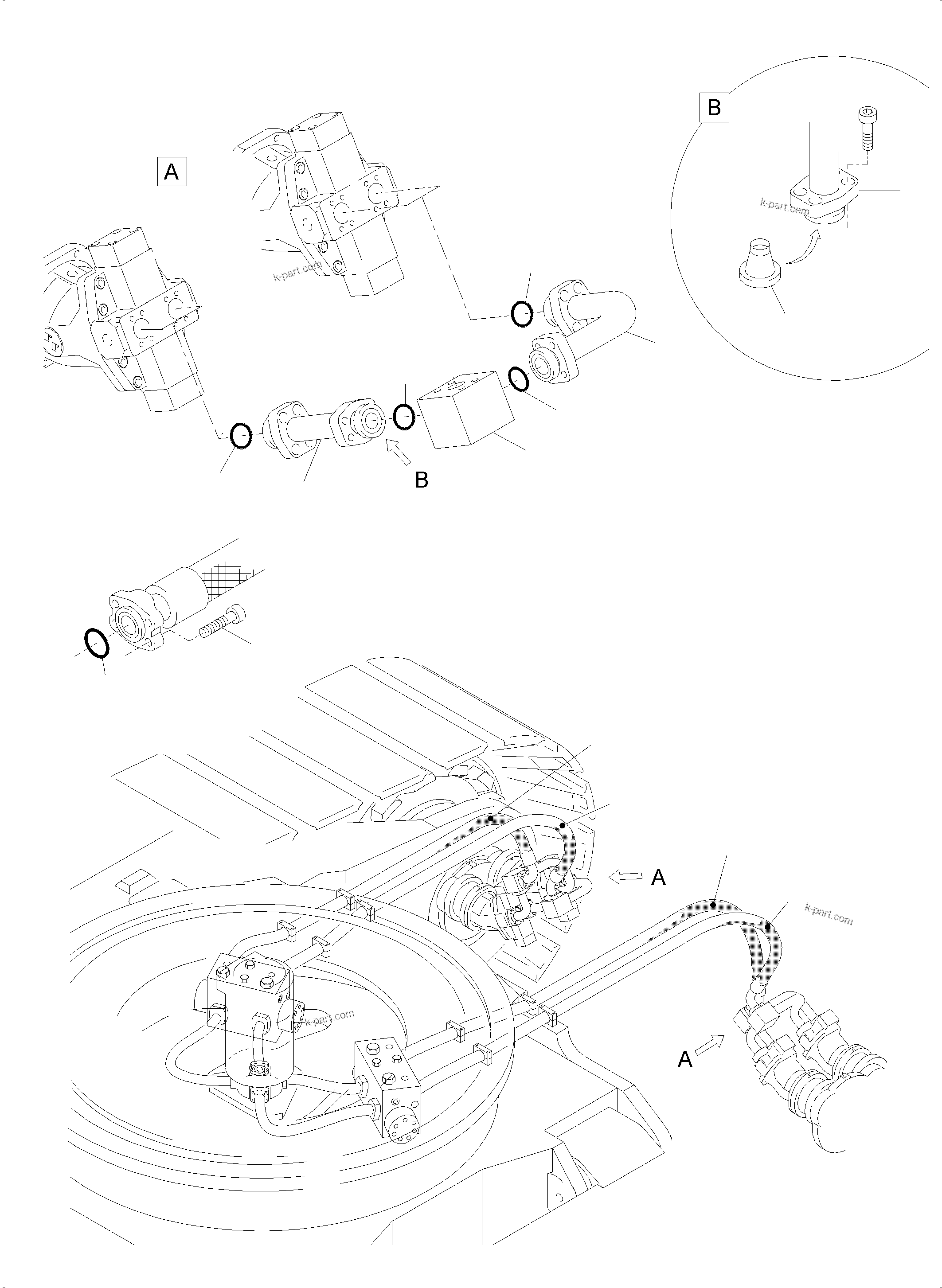 Komatsu parts book diagram for PC5500-6 S/N 15164: PRESSURE LINES, TRAVELMOTORS - ROTARY JOINT