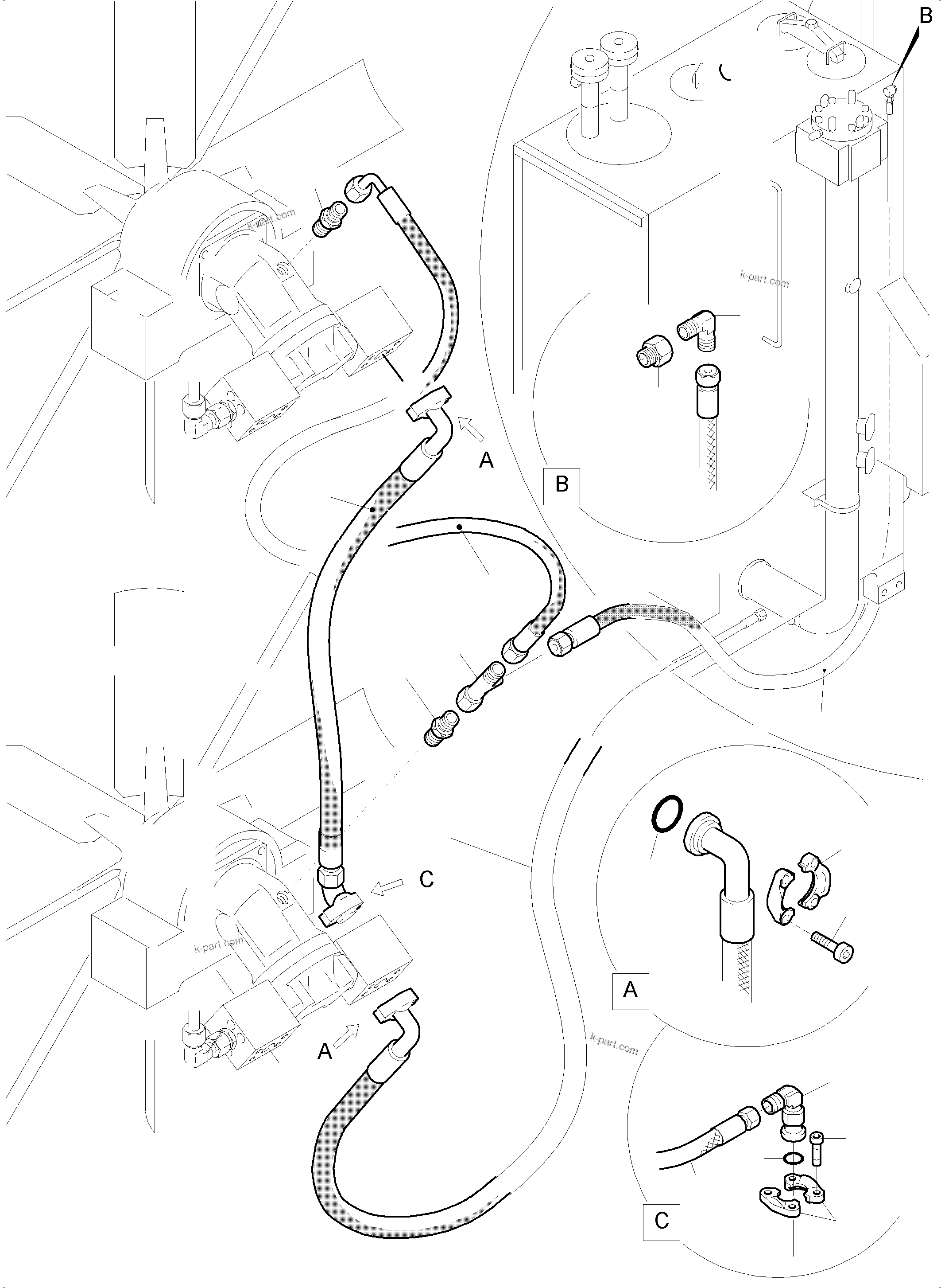 Komatsu parts book diagram for PC5500-6 S/N 15164: RETURN LINES - FAN MOTORS ( OIL COOLER )