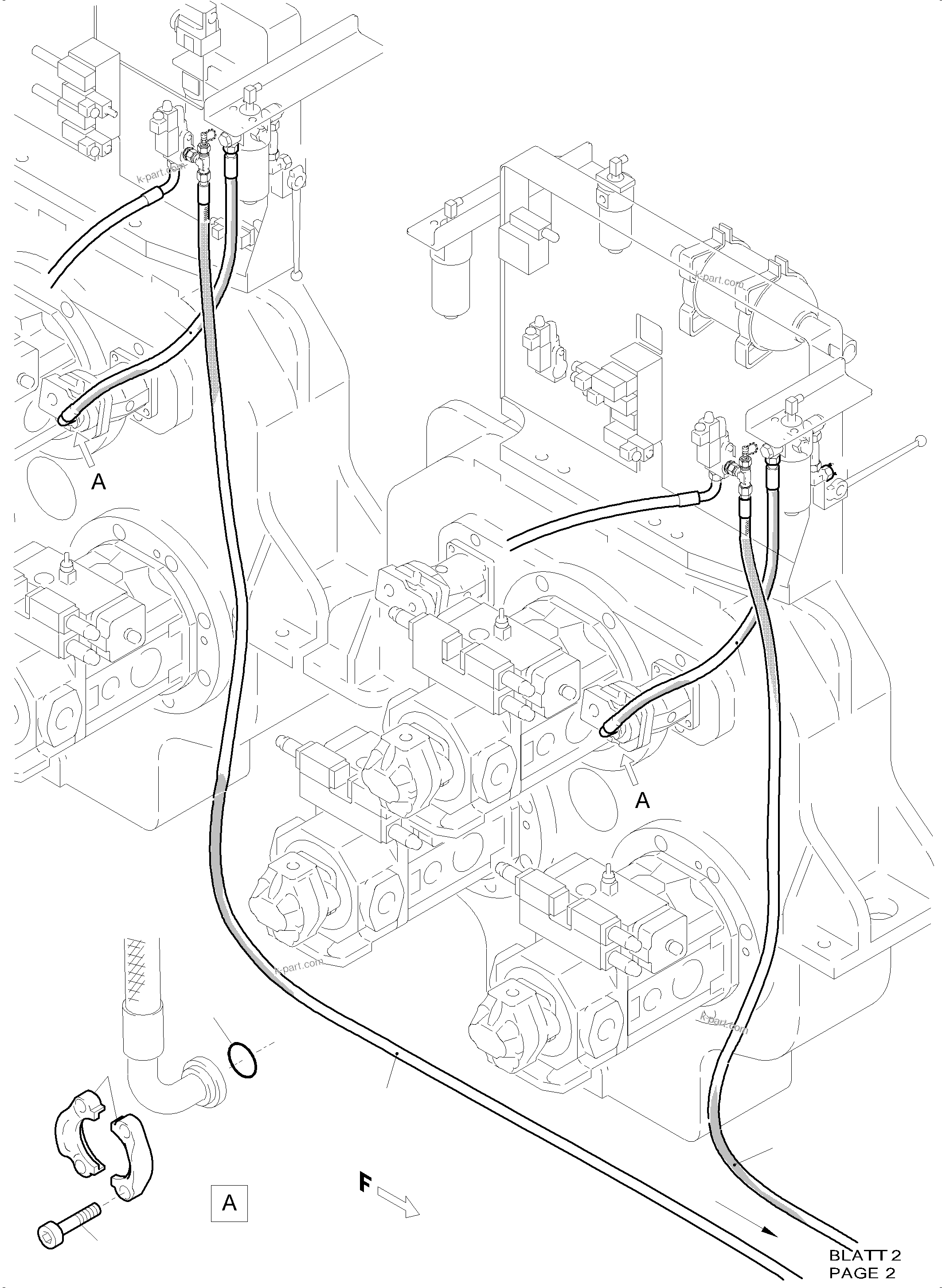 Komatsu parts book diagram for PC5500-6 S/N 15164: PRESSURE LINES - FAN MOTORS (OIL COOLER)