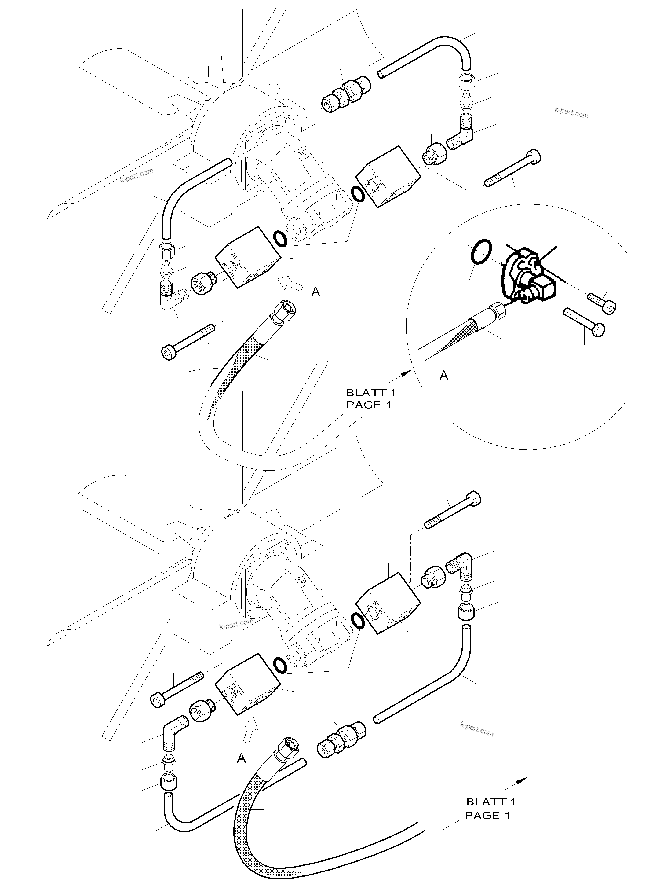 Komatsu parts book diagram for PC5500-6 S/N 15164: PRESSURE LINES - FAN MOTORS (OIL COOLER)