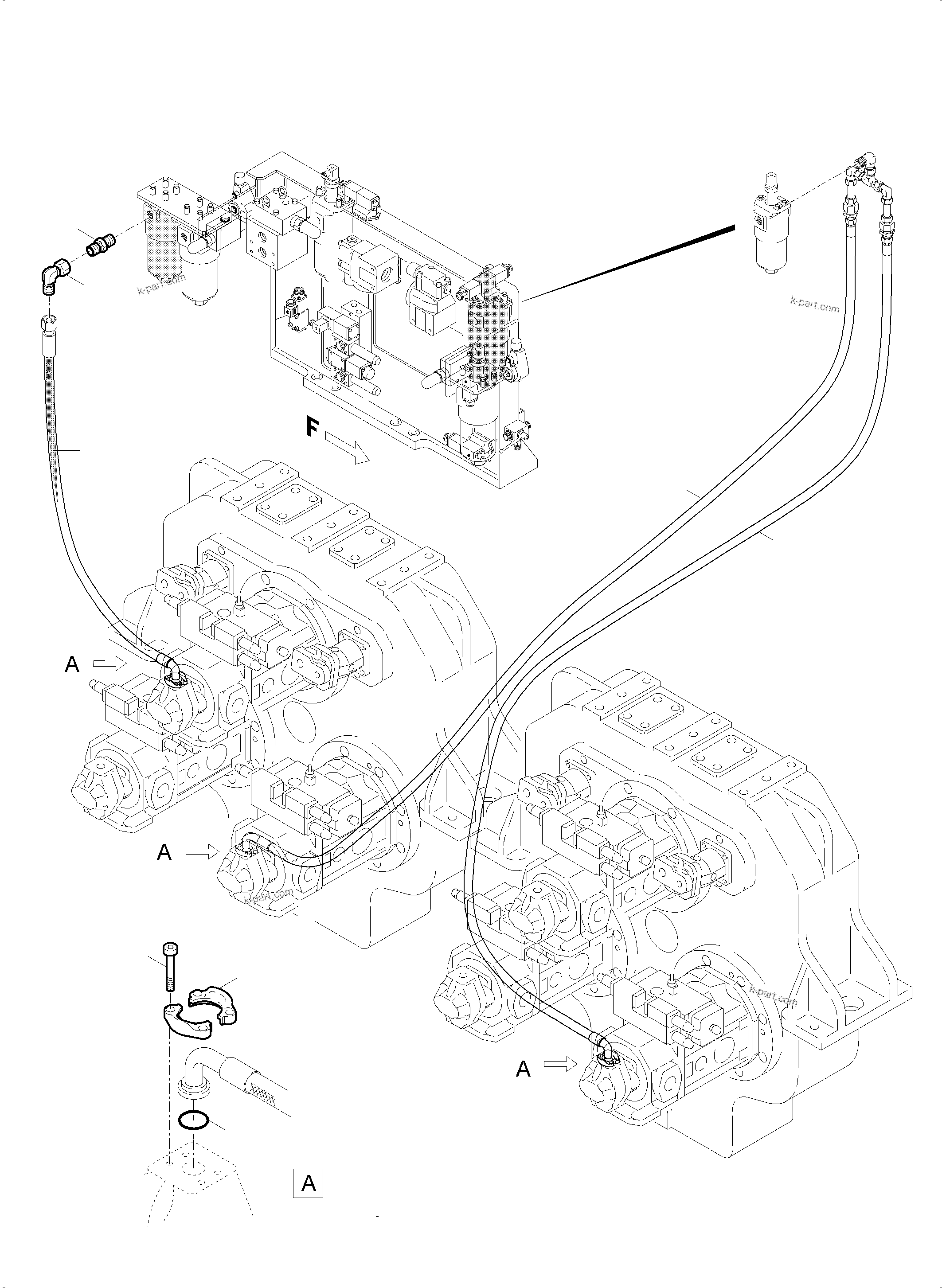 Komatsu parts book diagram for PC5500-6 S/N 15164: PRESSURE LINES, CIRCULATION PUMPS