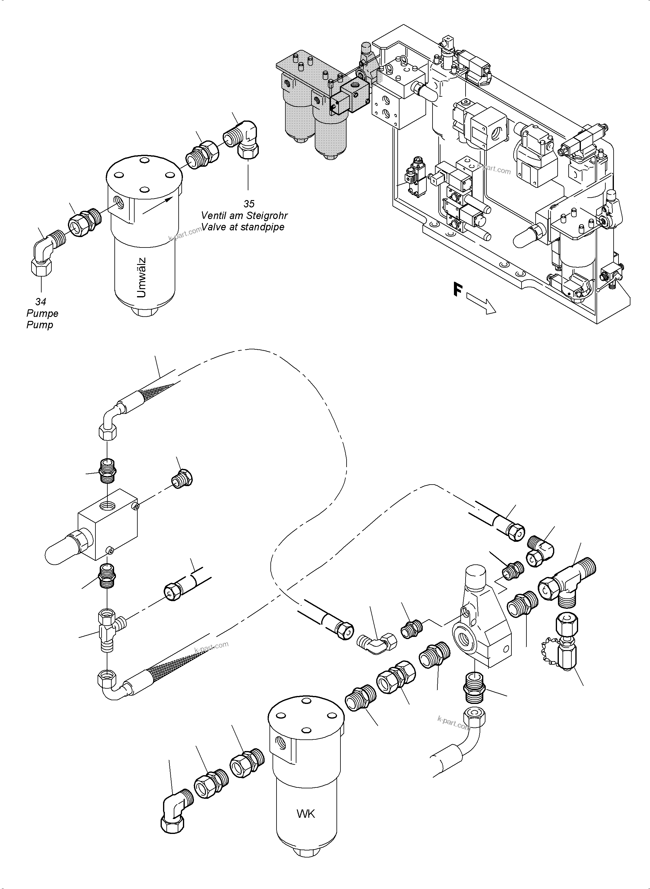Komatsu parts book diagram for PC5500-6 S/N 15164: PIPES - CONTROL- AND FILTER PLATE, REAR (ENGINE 1)