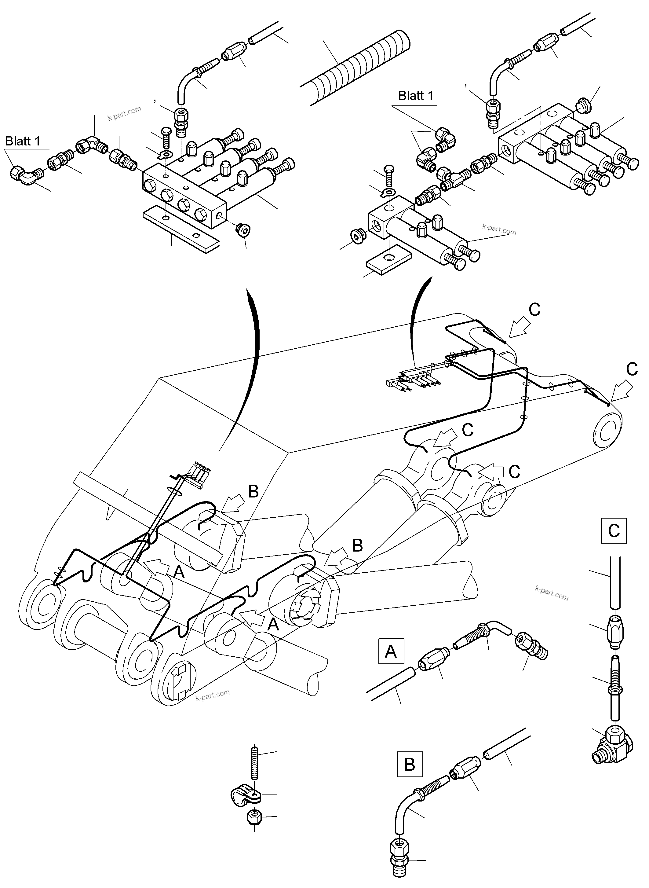 Komatsu parts book diagram for PC5500-6 S/N 15166: BOOM - CENTRAL LUBRICATION (BBE), ADD. LUBRICTION CIRCLE