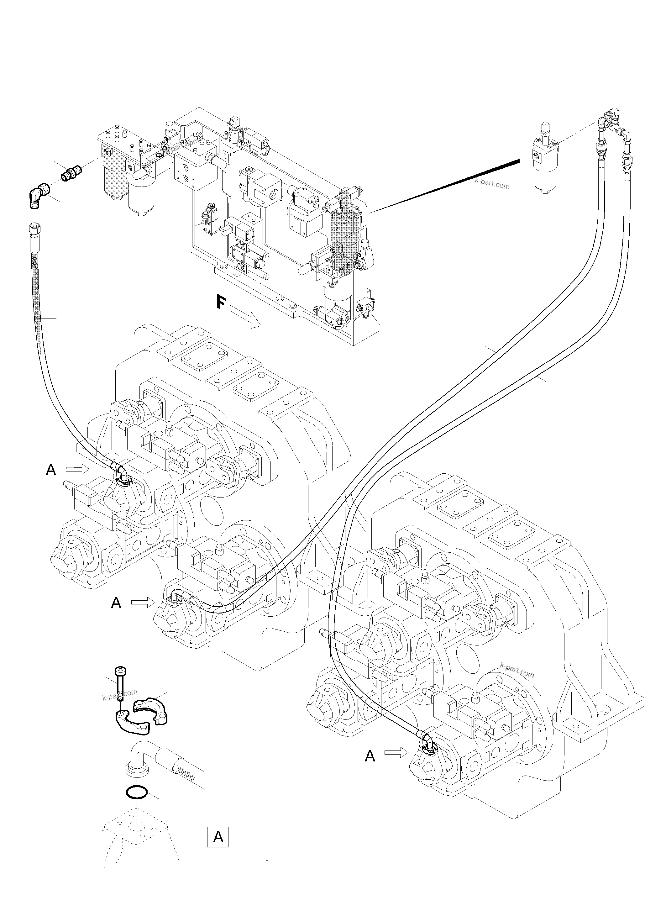 Komatsu parts book diagram for PC5500-6 S/N 15166: PRESSURE LINES, CIRCULATION PUMPS
