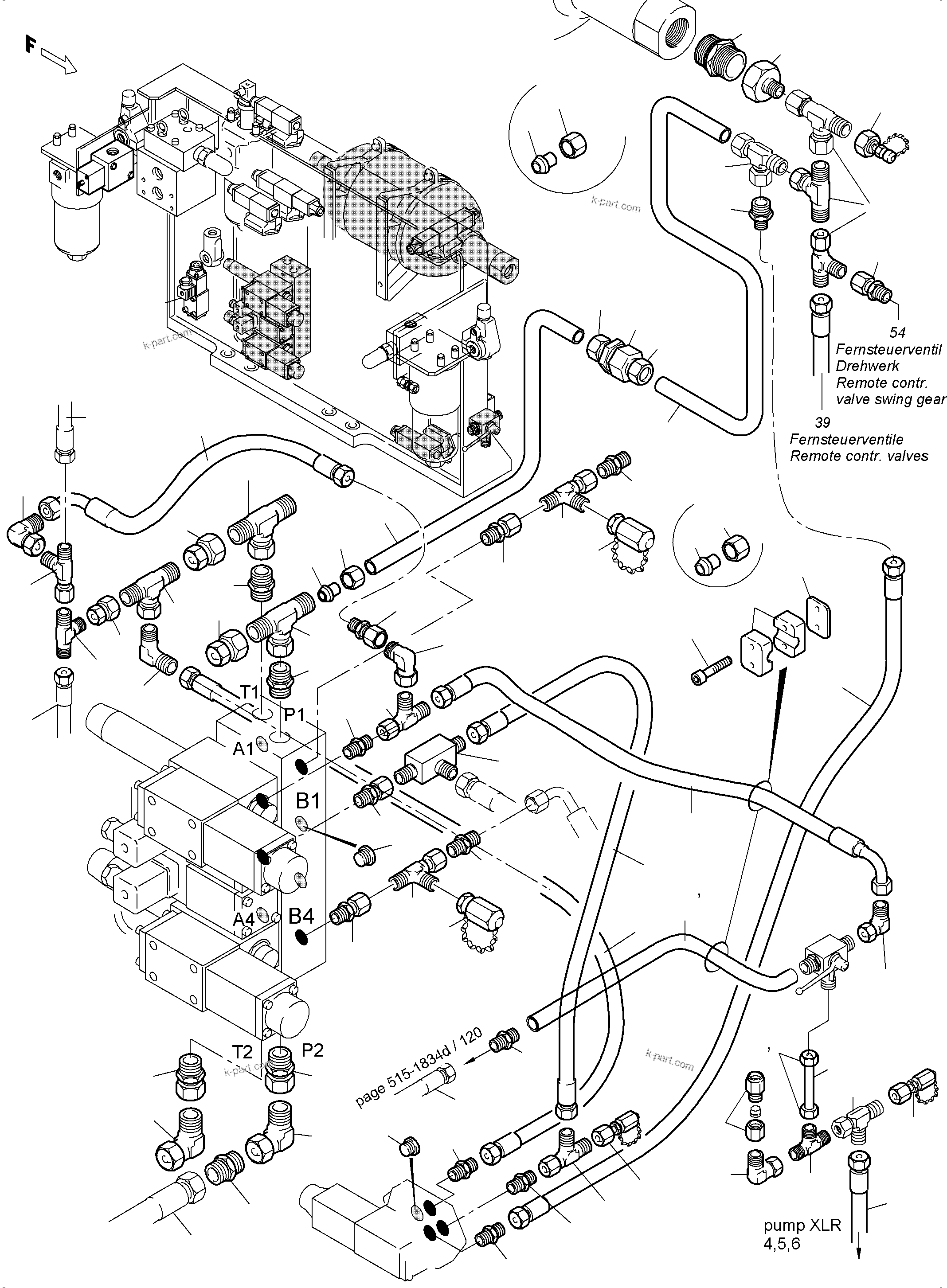 Komatsu parts book diagram for PC5500-6 S/N 15166: PIPES - CONTROL- AND FILTER PLATE, FRONT (ENGINE 2)